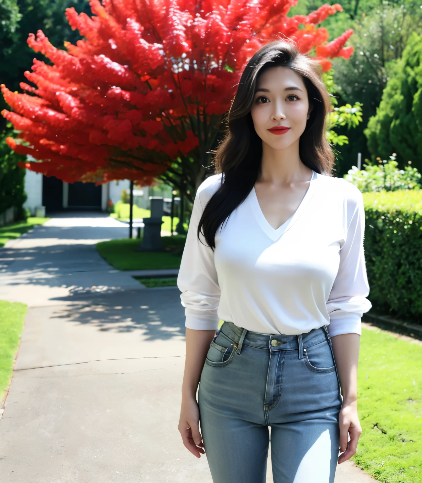 Draw lips correctly, red lipstick, from chest up, best quality, Super detailed, lifelike, Super fine skin, perfect anatomy, (1 日本Mature的女人), (alone),Wear a white crew neck shirt,Gray jeans,trousers,black belt,wavy long hair,37-year-old female,Mature,charming smile,garden background,stand up,Leg length,Chubby body,Big breasts,stand,full-body shot