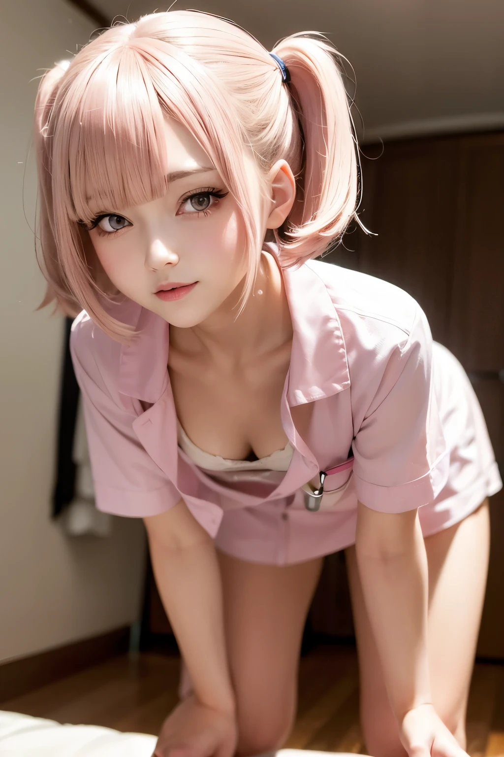 masterpiece, best quality, 1 girl, detailed beautiful face, ((pink nurse)), bent over, down blouse, smilingshort hair, waved hair, twintail, white hair, nurse uniform with a few buttons unbuttoned, (small breast), pouting, kissing face