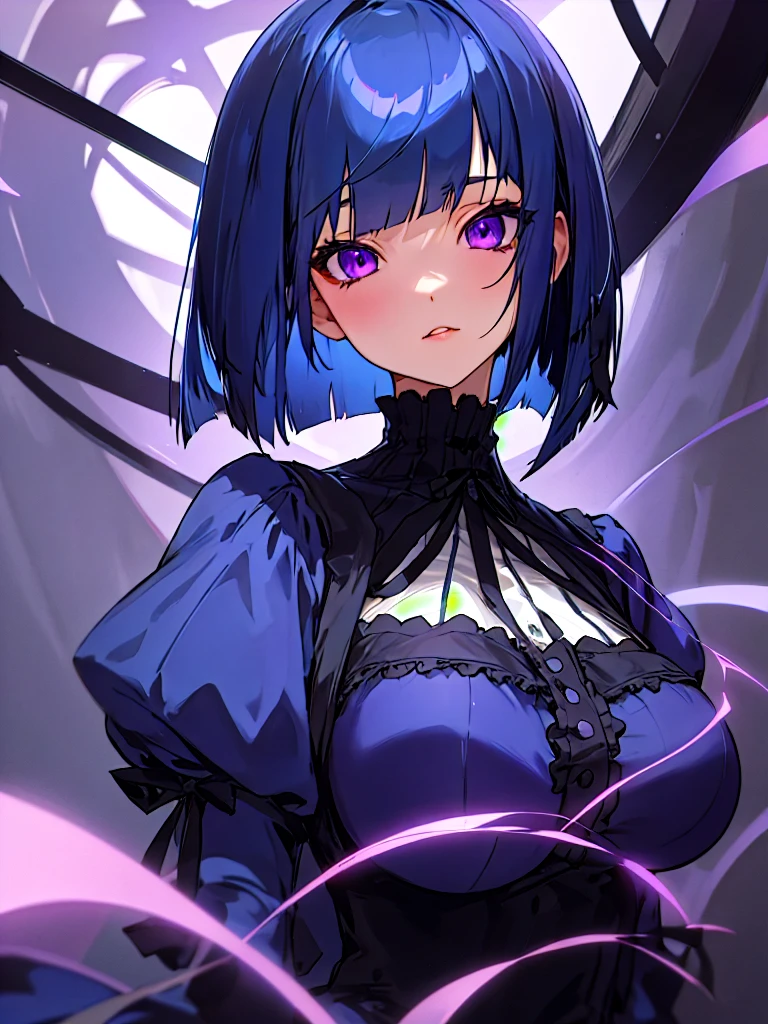 purple eyes,big tits,girl,blue hair,blue clothes,gothic ta,bob cut,high-quality