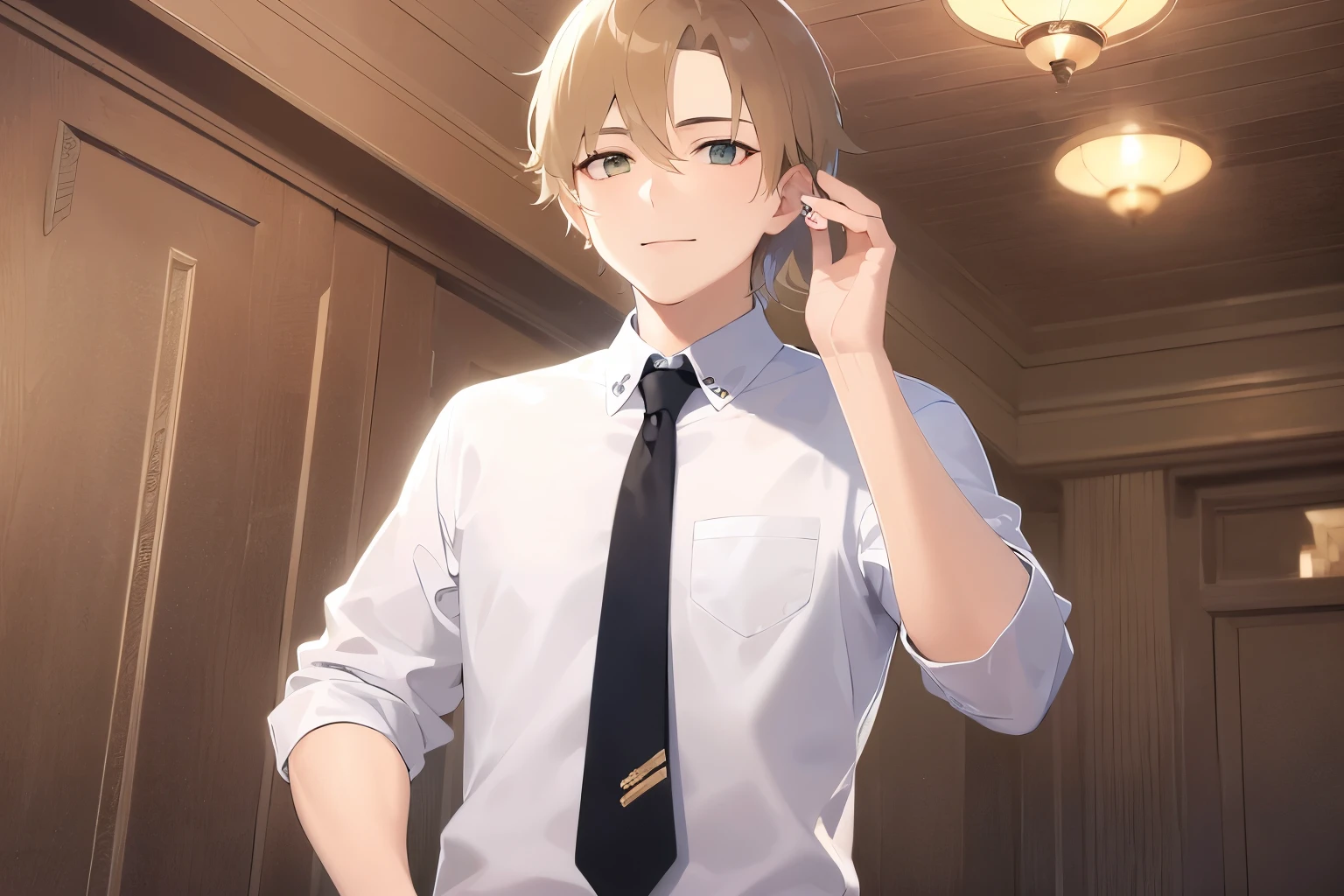 waving his hand next to his face、Upper Body, masterpiece、highest quality、25 year old male with short blonde hair and green eyes, wearing a suit、wearing a white shirt、Wearing a green tie、Are standing、smile, The background is the hotel lobby、(Alone:2)