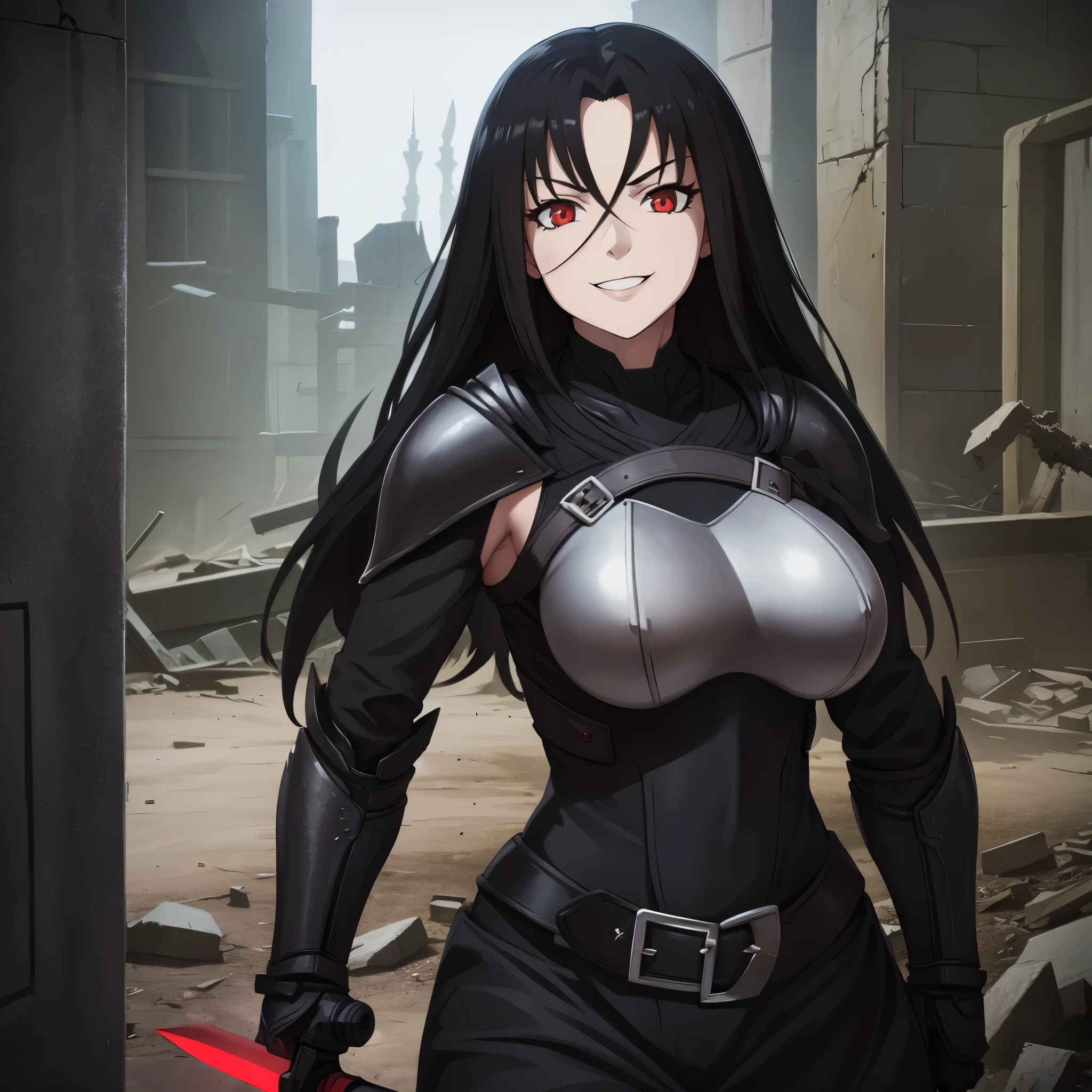 A woman wearing black armor, big breasts, sadistic smile, red eyes, black hair, holding a sword, in a ruined place,4k, perfect, ultra resolution.