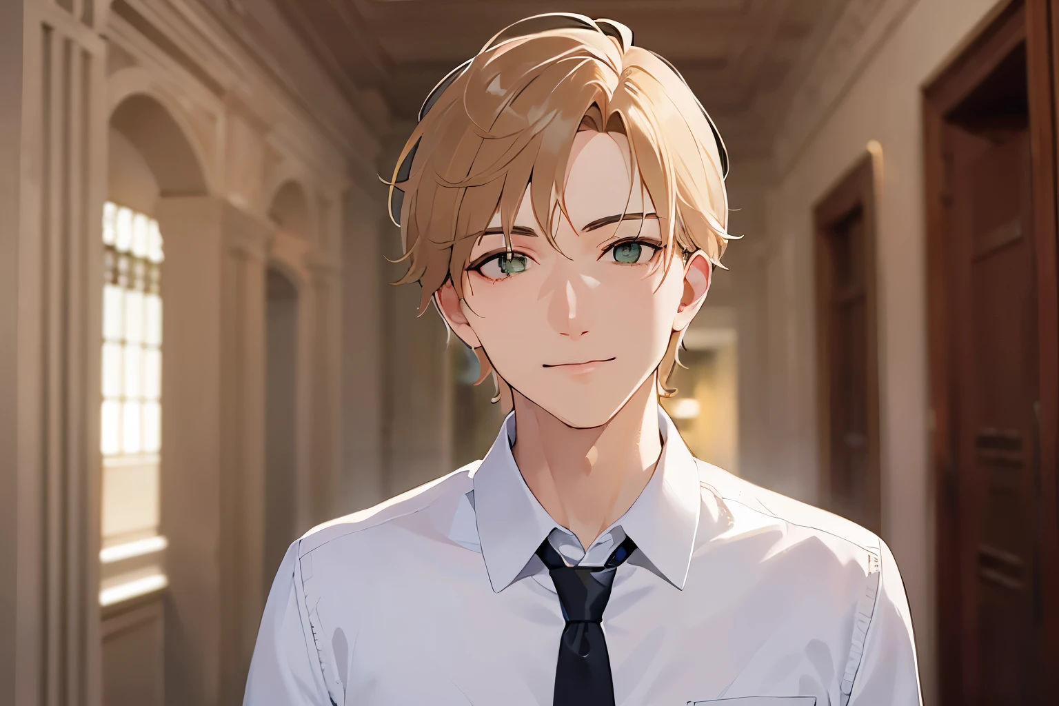 waving his hand next to his face、Upper Body, masterpiece、highest quality、25 year old male with short blonde hair and green eyes, wearing a suit、wearing a white shirt、Wearing a green tie、Are standing、smile, The background is the hotel lobby、(Alone:2)