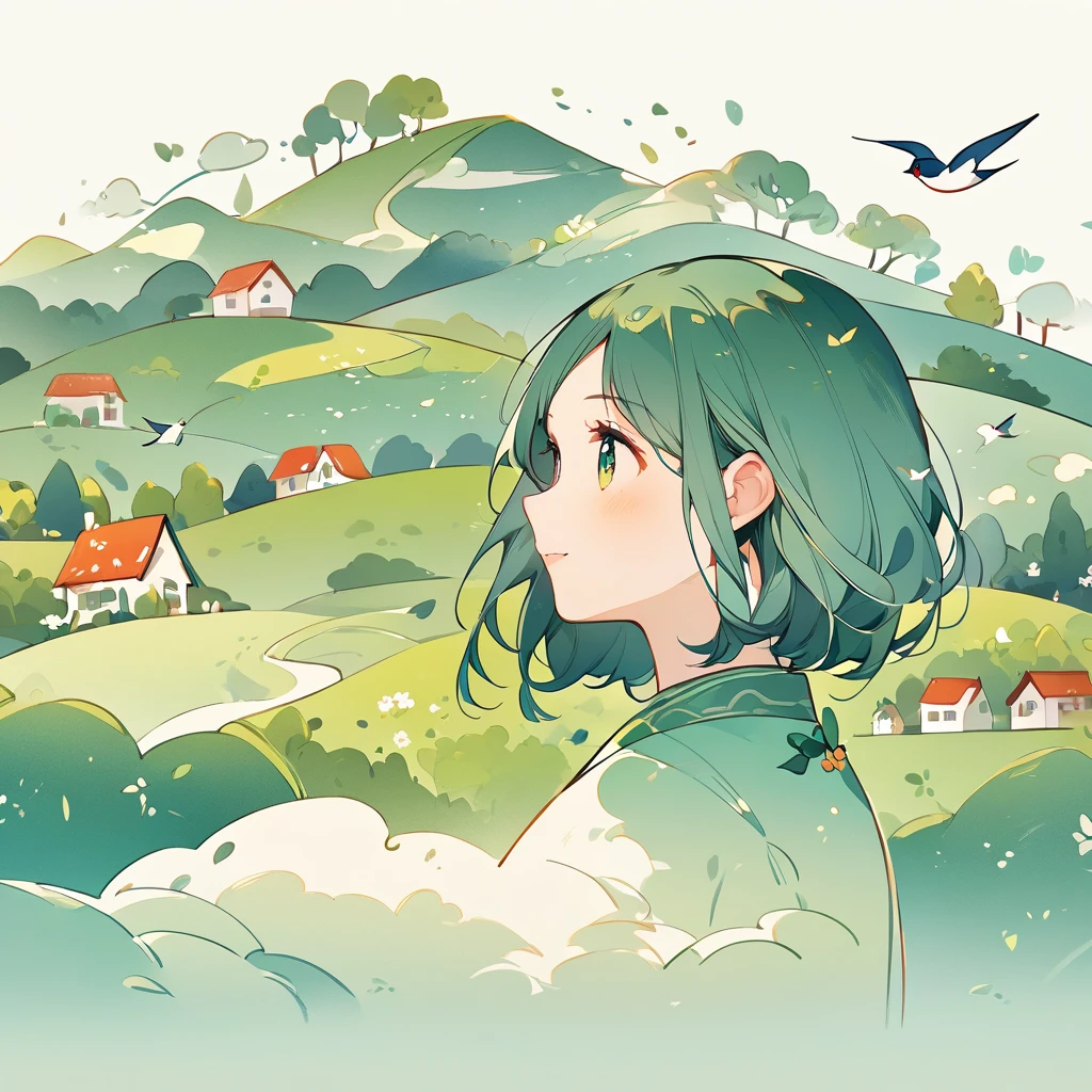 (The girl's head is decorated with whimsical illustrations of houses, swallows), trees and hills in green tones, evoking the charm of a charming rural landscape. The background blends in with her hair, exuding an air of tranquility and creating a harmonious composition that captures the beauty of nature. The illustration symbolizes the harmony between humans and the environment, focusing on the face. ((White background))