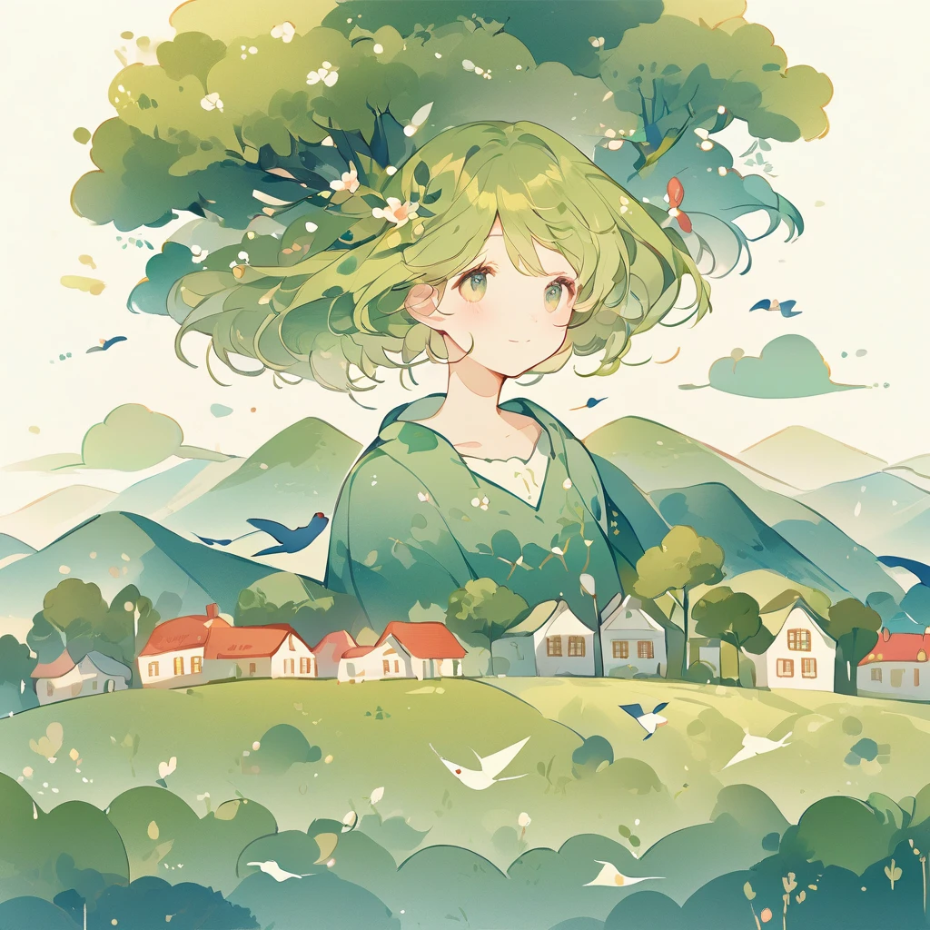 (The girl's head is decorated with whimsical illustrations of houses, swallows), trees and hills in green tones, evoking the charm of a charming rural landscape. The background blends in with her hair, exuding an air of tranquility and creating a harmonious composition that captures the beauty of nature. The illustration symbolizes the harmony between humans and the environment, focusing on the face. ((White background))