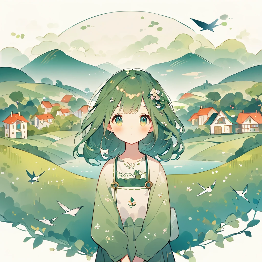 (The girl's head is decorated with whimsical illustrations of houses, swallows), trees and hills in green tones, evoking the charm of a charming rural landscape. The background blends in with her hair, exuding an air of tranquility and creating a harmonious composition that captures the beauty of nature. The illustration symbolizes the harmony between humans and the environment, focusing on the face. ((White background))