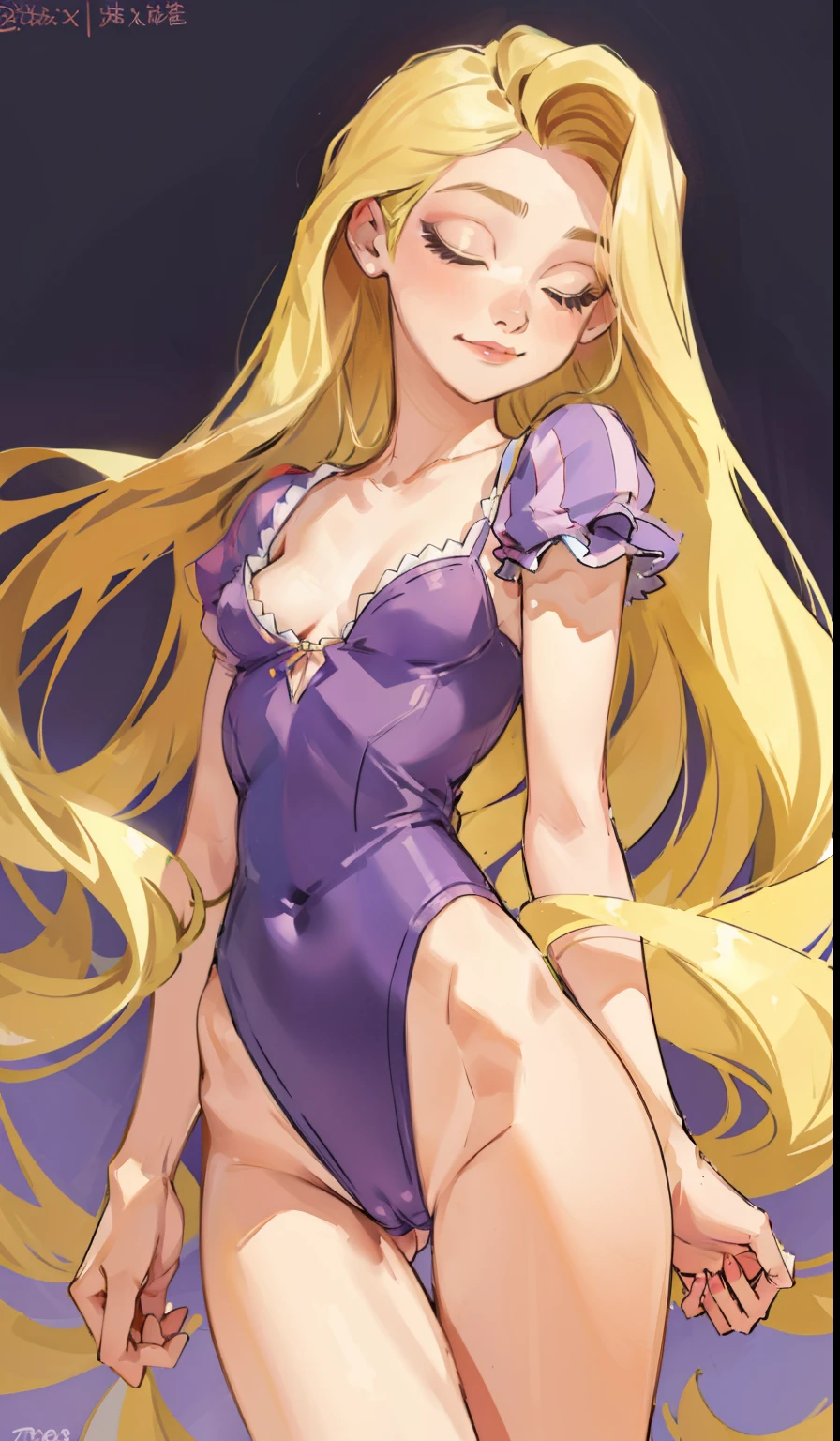 Sleeping girl, , realistic, purple swimsuit, blonde hair, abdomen , thin thighs, open legs, detailed nipples, detailed vagina, small breasts, long hair,