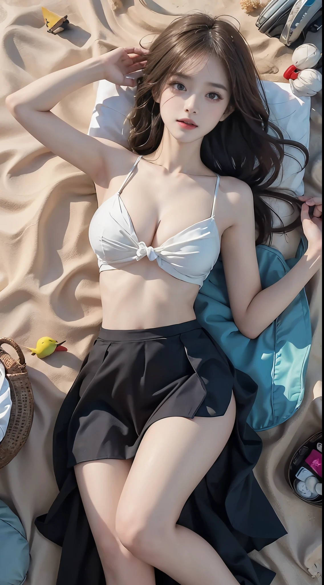 small skirt, (masterpiece, best quality:1.2), 1girl, solo, ((bare shoulders)), (actual:1.37), ((lying on a beach)), ((Bird's eye view shot)), Sweet maiden, beautiful妆容, Exquisite makeup, Extremely beautiful eyes, long hair, curls, slim body, ((big breasts, Big breasts, cleavage)), Sexy slender legs, The skirt is short, Leaking sexy legs, elegant posture, Dynamic posing, best quality, correct, correct的手, correct的腿, 解剖学correct, official art, complex, detail的脸, detail, lifelike, Very detailed, amazing, beautiful, Young and energetic, Charming model, Meticulous CG Uniform 8k wallpaper
