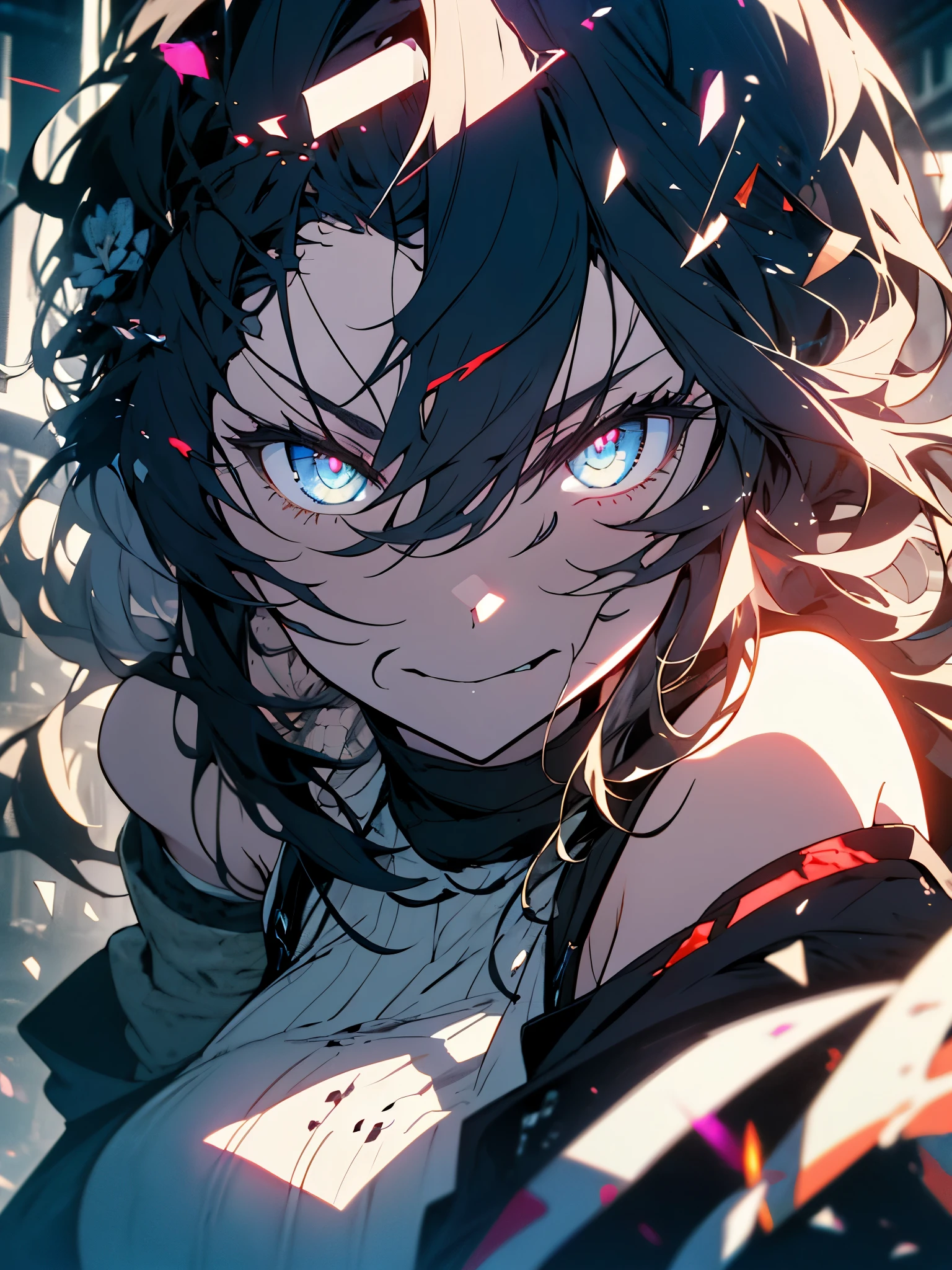 (masterpiece: 1.2), highest quality, (figure: 1.2), focus of the eye, (Super detaileded), Super detailed, (small details), (intricate details), (cinematic light, highest quality Backlight), clear lines, women only, women only, perfect figure, (1 girl), high contrast, (best writing, very delicate and beautiful), ((cinematic light)), violent, powerful, blood splattered, absolutely impressive, dynamic angle, luxury background, blood splatter, sharp teeth, open your mouth, naughty smile, scared, close, Black light swirling around the character, Depth of the bounds written, close of a long-haired character. A sticky tongue sticks out of the mouth. The overall image has a jagged edge effect, Add special visual effects. girl, 1のgirl, alone, long hair, big breasts, short sleeve, dress, bare shoulders, Braid, porcelain clothes、hitting anime