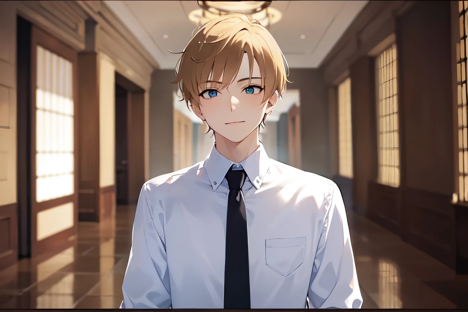 waving his hand next to his face、Upper Body, masterpiece、highest quality、25 year old male with short blonde hair and green eyes, wearing a suit、wearing a white shirt、Wearing a green tie、Are standing、smile, The background is the hotel lobby、(Alone:2)
