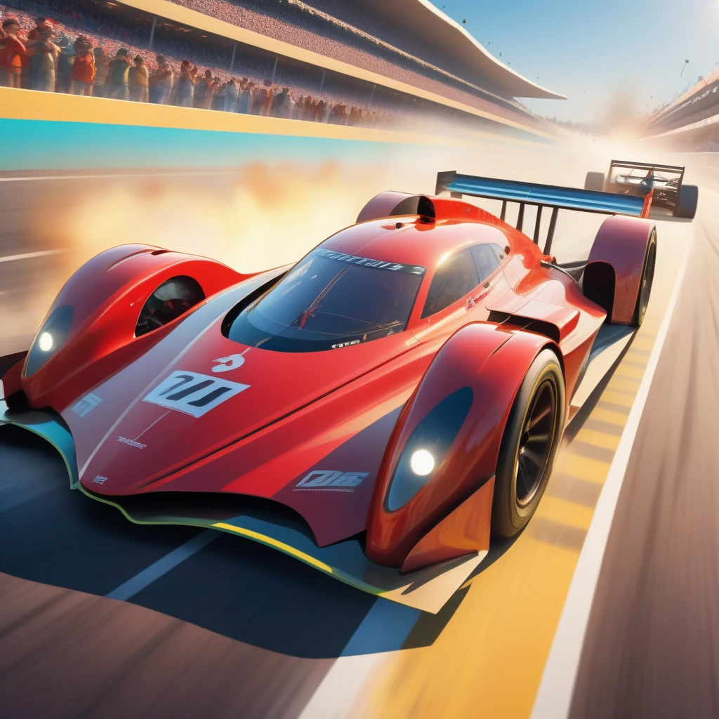 racing car,high-speed,muscular and aggressive appearance,shiny red body,streamlined design,large aerodynamic spoiler,exquisite engine details,screeching tires,smoke from burning rubber,loud roaring engine sound,in motion,crowded race track,flashing lights at the starting line,enthusiastic crowd cheering for the racers,fierce competition,adrenaline-fueled race,thrilling moments,camera capturing the speed and action,strategy and tactics on the racetrack,the intensity of the race captured in every frame,photo-realistic rendering,ultra-detailed visual effects,vibrant colors,perfectly balanced lighting