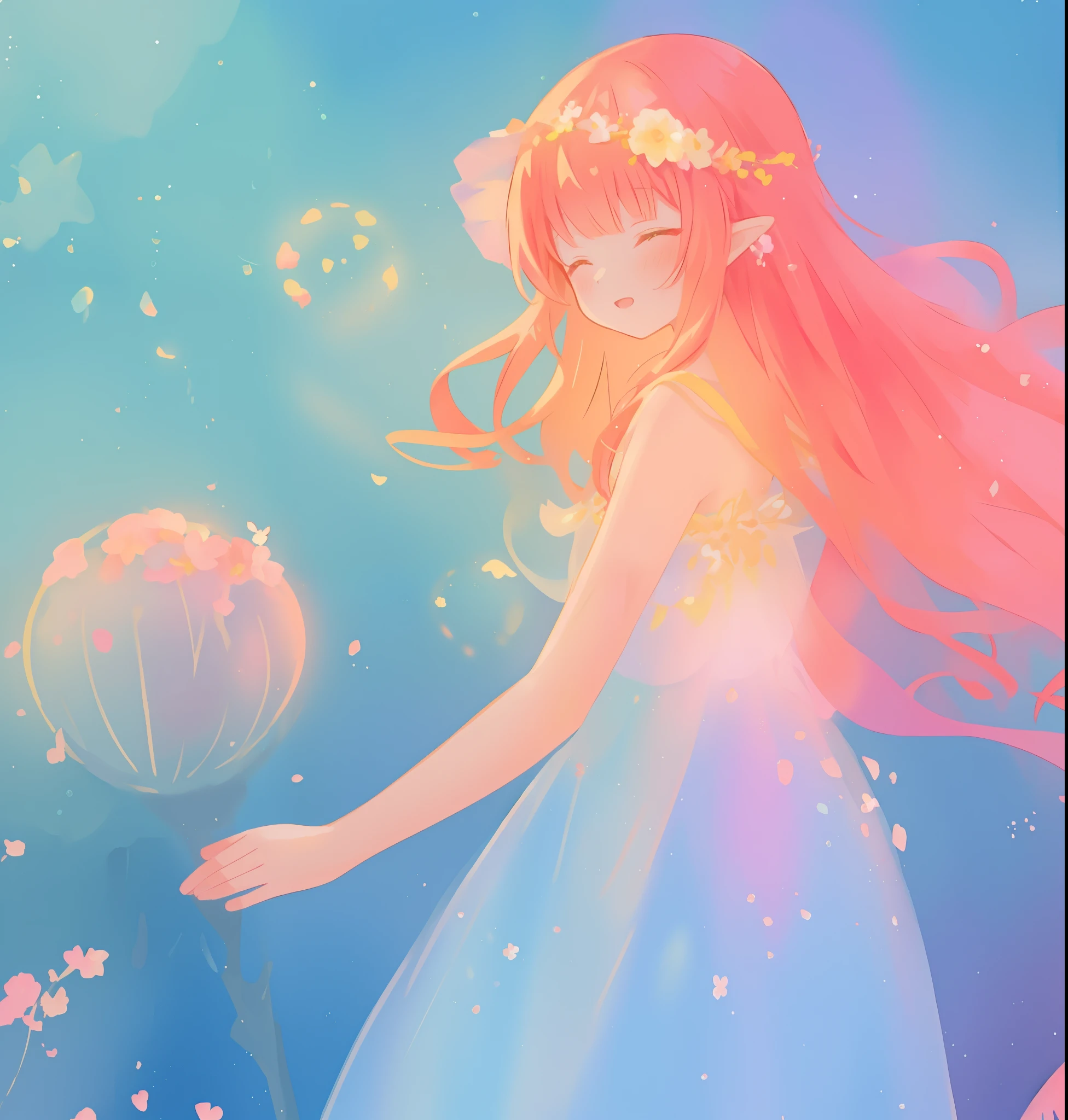 beautiful girl in sparkling flowing dress, long flowing pink hair, colorful fantasia background, watercolor illustration, disney art style, glowing aura around her, glowing lights, beautiful digital illustration, fantasia otherworldly landscape plants flowers, beautiful, masterpiece, best quality, anime disney style
