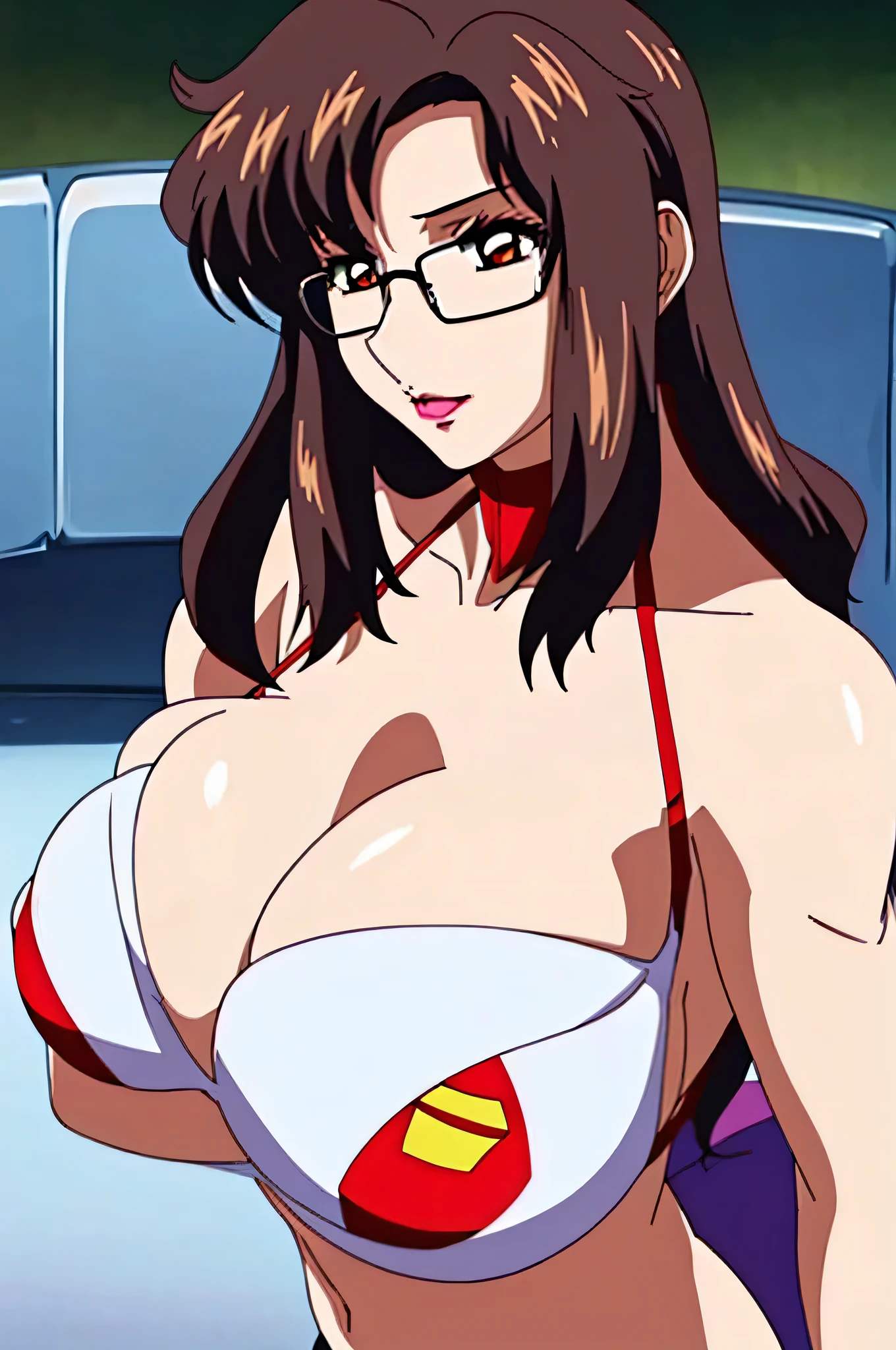 NSFW、Master Furnace, highest quality, anime screenshot:1.5, hd, 8K, realistic), 1 female, mature woman, front hair, Brown_hair, length_hair, red eyes, lipstick, compensate, blush, huge breasts, cleavage, white micro bikini, Fold Arm, Upper body, Shoot from the front, (perfection Anatomy, perfection, shiny skin, beautiful hair, beautiful face, beautiful eyes, beautiful breasts), (thick outline, black outline), sunlight, beach,Glasses、Ahegao