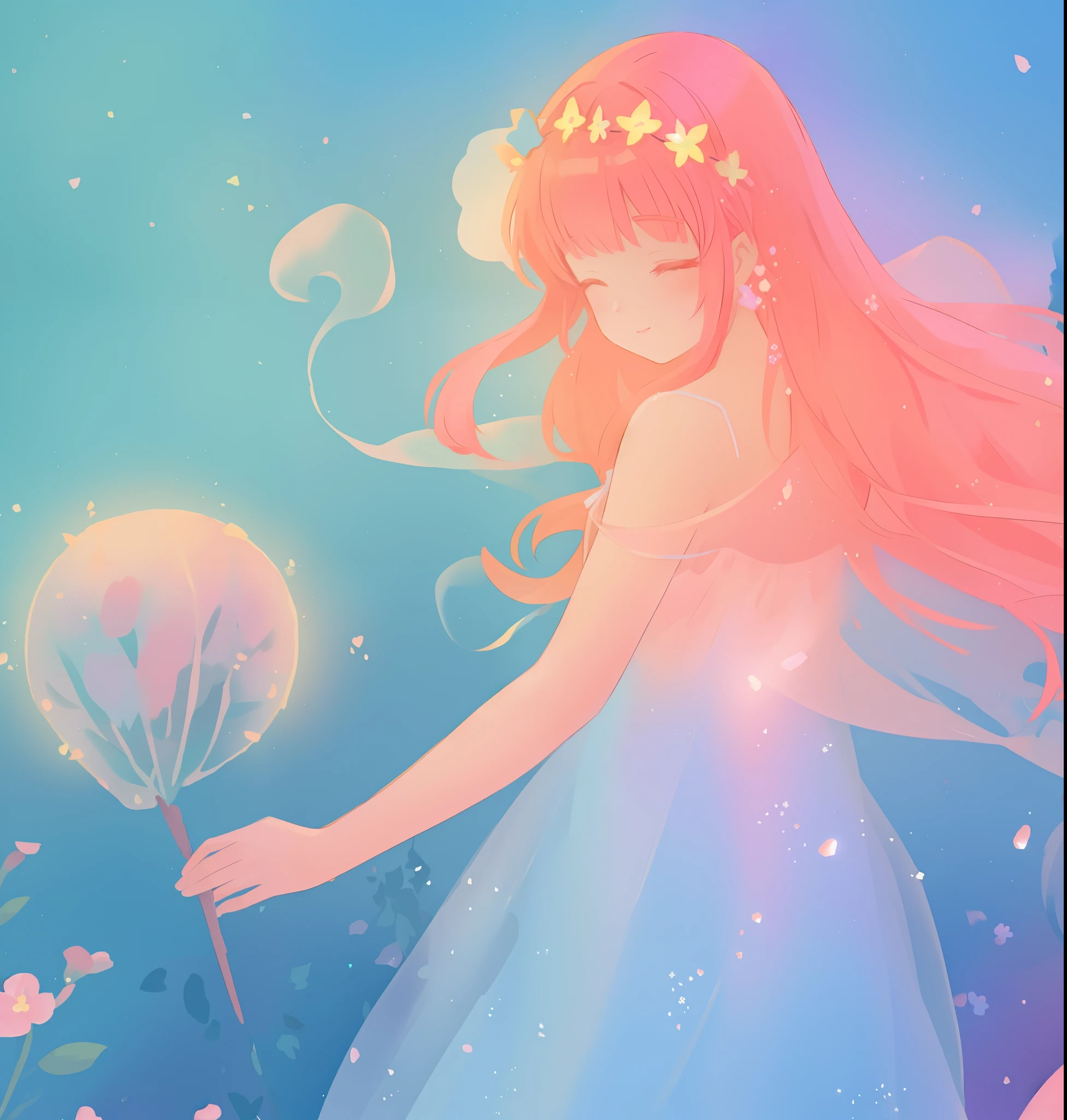 beautiful girl in sparkling flowing dress, long flowing pink hair, colorful fantasia background, watercolor illustration, disney art style, glowing aura around her, glowing lights, beautiful digital illustration, fantasia otherworldly landscape plants flowers, beautiful, masterpiece, best quality, anime disney style