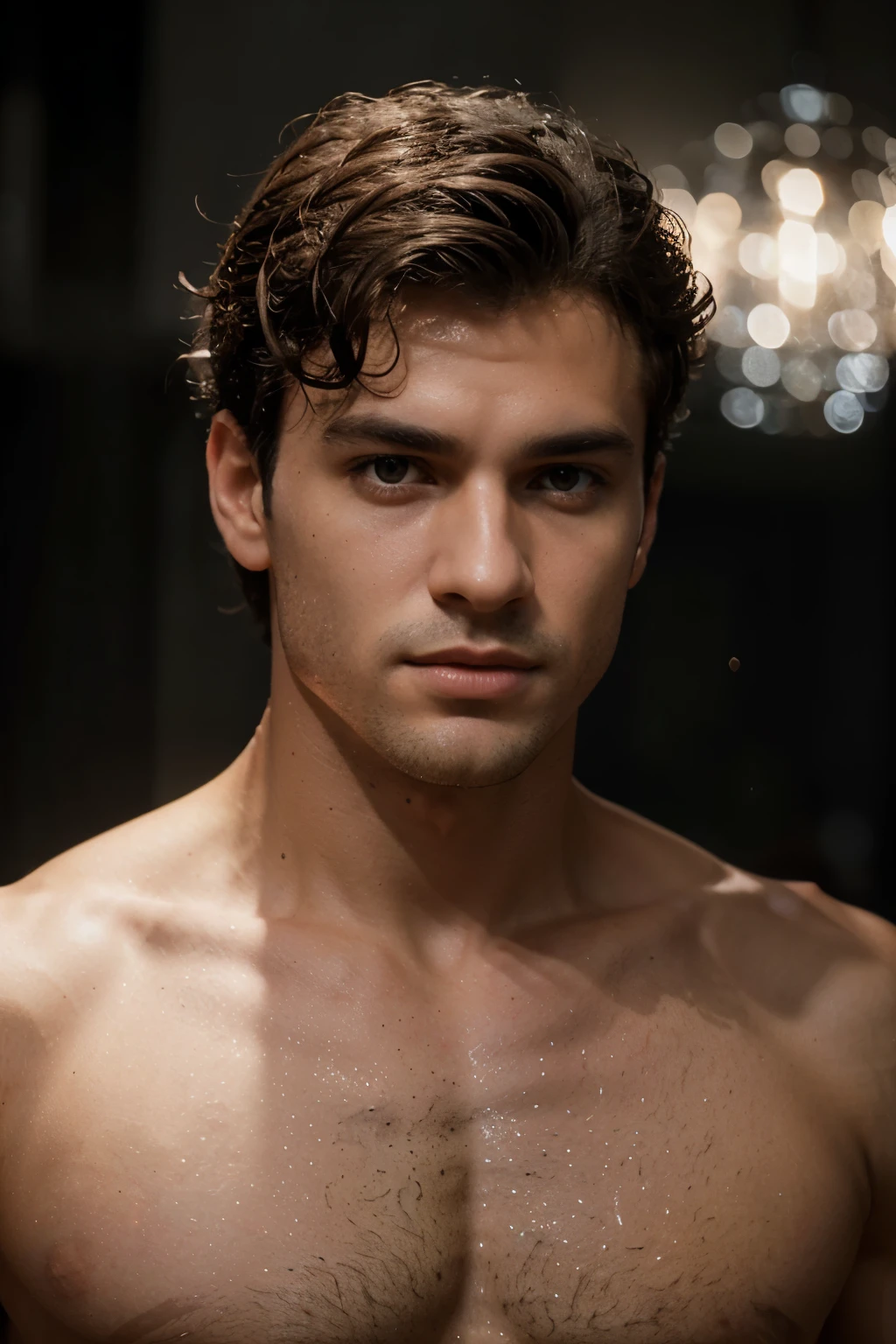 mbres sensuelles: The enigmatic handsome man look - Immerse yourself in sensual shadows with an extreme close-up that highlights striking eyes and short, curly brown hair, (shaven:1.3). The mastery of light and shadow adds depth to its masculine aspect in this dramatic composition... Captured with a Fujifilm GFX 100S and a Fujinon GF 63mm f/2.Objectif 8 R WR --ar 9:16 --s 350 --c 10 --style brut