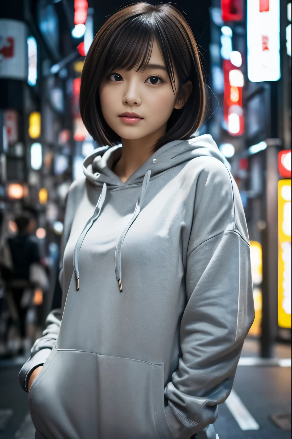 (((Tokyo:1.3, evening, Photographed from the front))), ((medium bob:1.3, gray hoodie, Japanese woman wearing a hoodie, cute)), (clean, natural makeup), (highest quality, masterpiece:1.3, 超High resolution), (Super detailed, caustics), (realistic:1.4, RAW shooting), very detailed, High resolution, 16K resolution