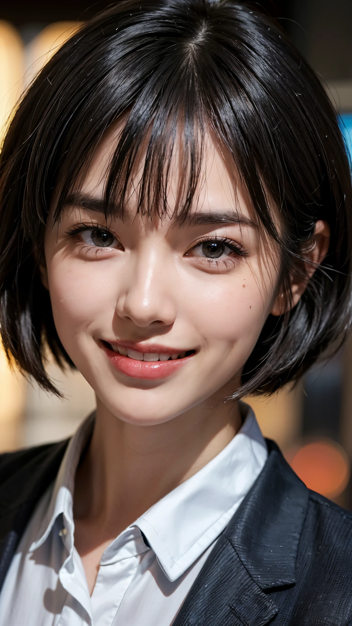 cute 26 year old,1 girl,slim face ,8K,Super realistic image quality,dynamic shadow,sparkling eyes,Clear black eyes,movie theater lighting,dark back alley,night,Darkness of the city,business suit, ((face close up:1.5)),((A smile showing white teeth)),((Smile happily with your mouth open)),((short hair)),((very short bangs)),close, 8K, Raw photo, highest quality, masterpiece,realistic, photo-realistic,