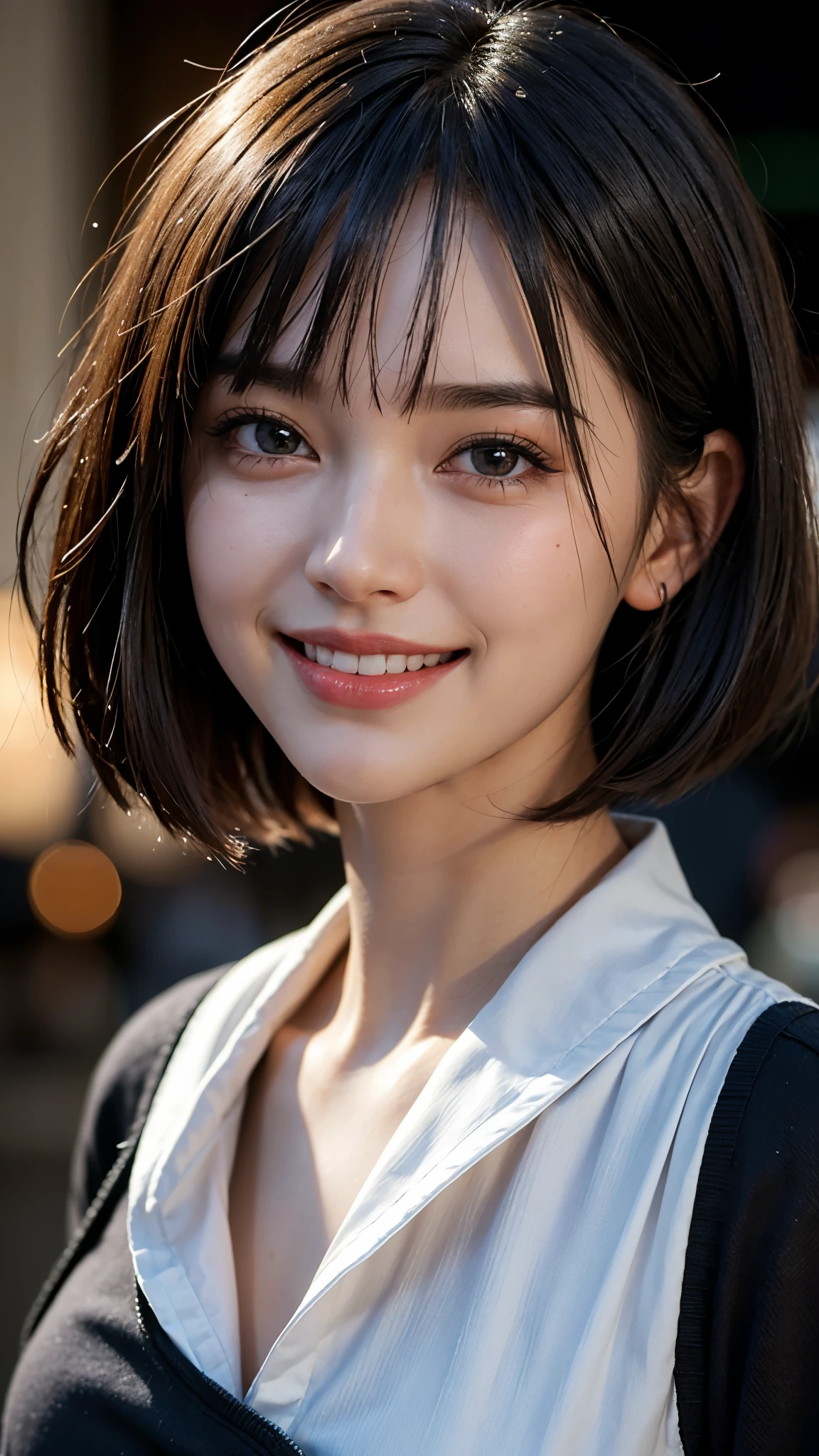 cute 26 year old,1 girl,slim face ,8K,Super realistic image quality,dynamic shadow,sparkling eyes,Clear black eyes,movie theater lighting,dark back alley,night,Darkness of the city,business suit, ((face close up:1.5)),((A smile showing white teeth)),((Smile happily with your mouth open)),((short hair)),((very short bangs)),close, 8K, Raw photo, highest quality, masterpiece,realistic, photo-realistic,