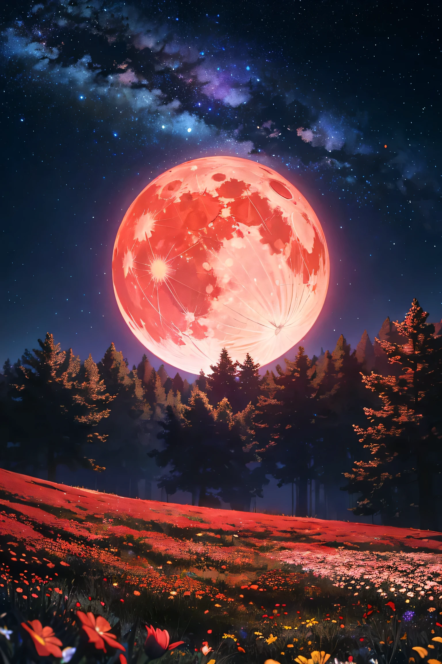 A photorealistic image of a giant, full red moon hanging low in a dark, starry night sky. The sky is ablaze with countless stars of all sizes and colors. In the foreground, a field of wildflowers stretches out towards the horizon, bathed in the red moonlight. The flowers are a mix of vibrant colors, such as pink, purple, yellow, and white.