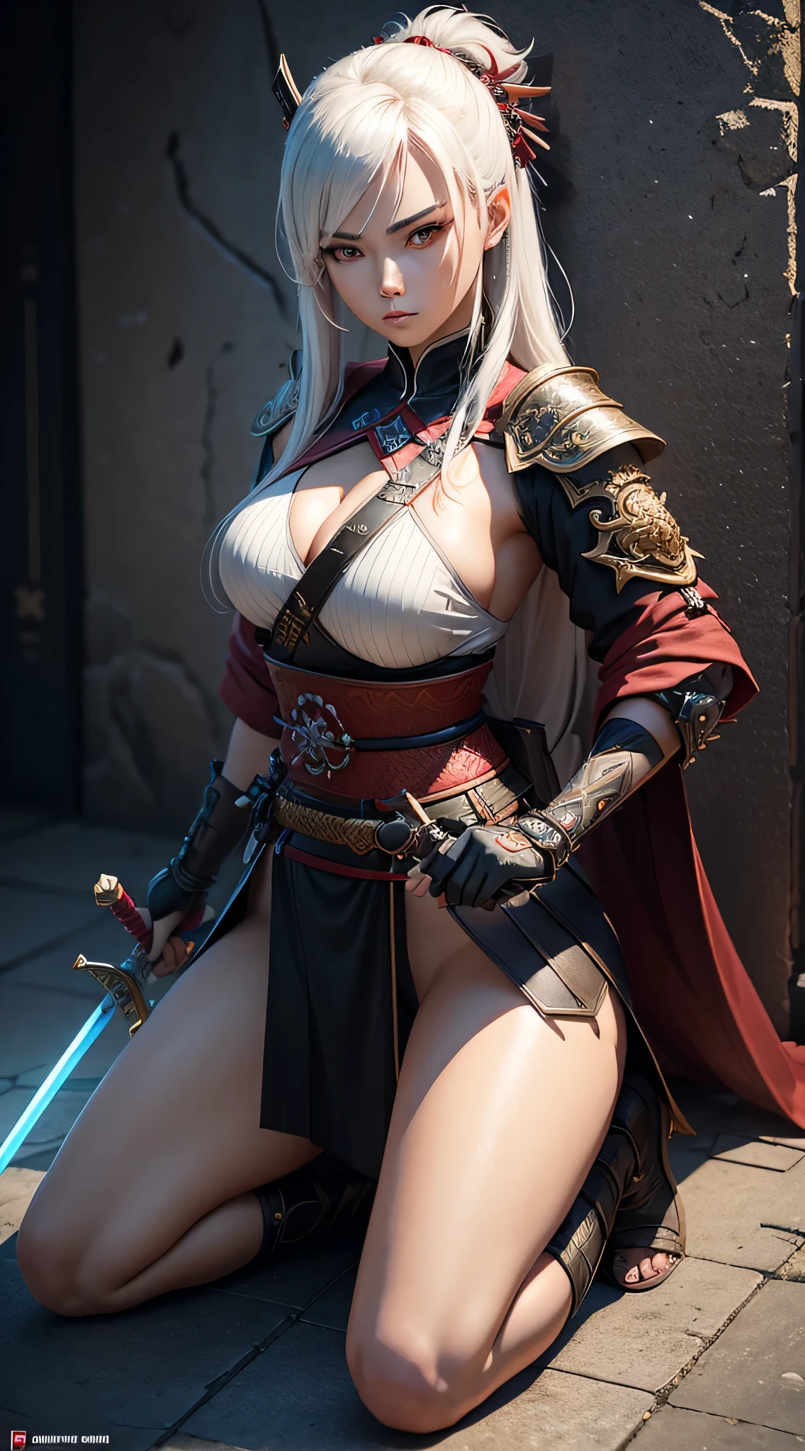 a woman kneeling down with a sword in her hand,very beautiful cyberpunk samurai,she is holding a katana sword,unsheathing her katana,she is holding a sword,ornate korean polearm behind her, realistic anime 3D style, cgsociety 9,2.5D cgi anime fantasy artwork, 3 d anime realistic.pose beautiful.redAssassin.Standing and sitting with his hands on his knees, Carry the sword on your shoulder.(Stand with your arms crossed over your chest, your back against the wall).hair white.
