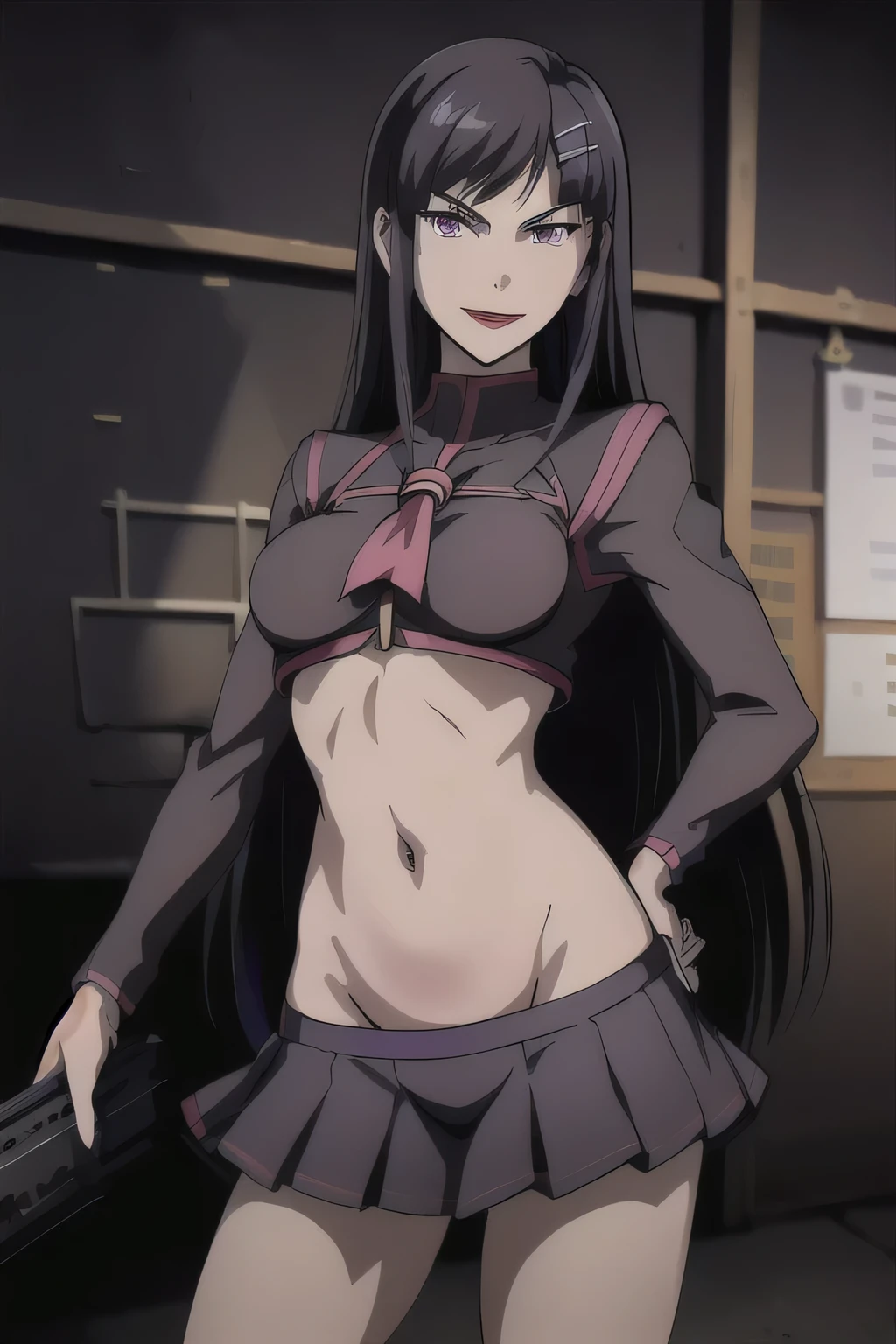 1girl, black hair, long hair, hairclip
,purple eyes,red lips,
masterpiece, best quality, highly detailed, a anime girls in sailor uniforms with a gun posing for a picture,
evil smile, smile, open mouth,black_serafuku, ecchi anime style, anime girls , (nsfw) not safe for work,
ecchi style, ecchi, shipgirls, digital anime art!!, high school girls, in anime style, official artwork, beautiful
anime high school girl, anime style 4 k, micro skirt, exposed belly, exposed navel, exposed midriff,
exposed lower belly,school, classroom,