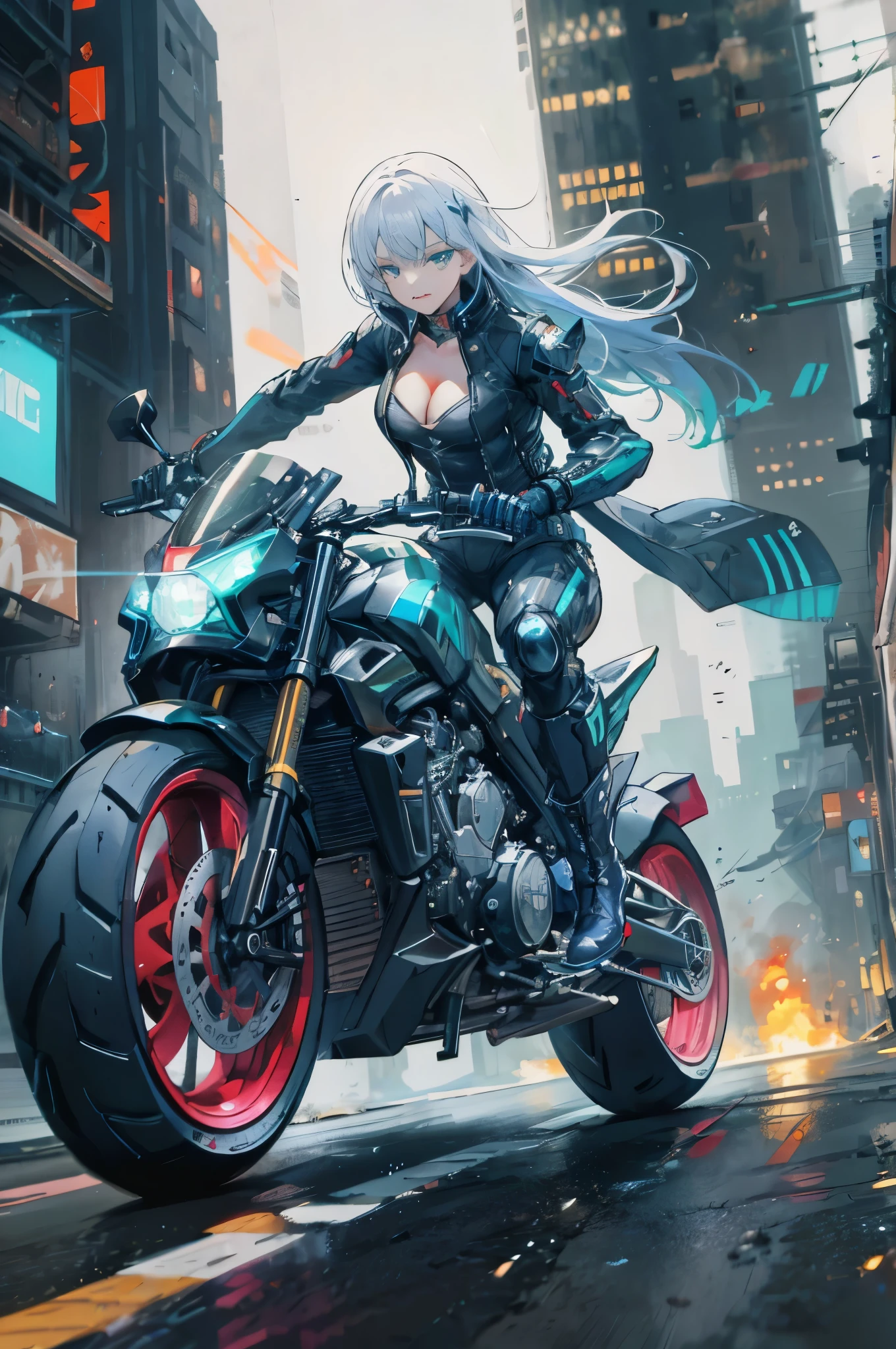 (masterpiece), highest quality, expressive eyes,swaying hair,dynamic hair, cyber punkの衣装を着て武装する（Enamel rubber suit、long neck、Absolute area、high boots、revealing clothing）、break cityストリート、Armed girl riding a motorbike, Detailed facial depiction、correct anatomy、soldier、shining eyes、silver hair、Shiny short jacket with open front,  gloves, 光沢サイhigh boots, cleavage,   Mechanical Accessories:1.2 ,{{Motorbike（armored vehicle、futuristic、SF Machine、Drift driving、flame from muffler、super fast running、Tires spinning at high speed）}}、glowing 、cut the wind、fast effect、{Composition from below 1.2}、cyber punk, break city,  midnight,perspective,wet ground, dynamic blur background
