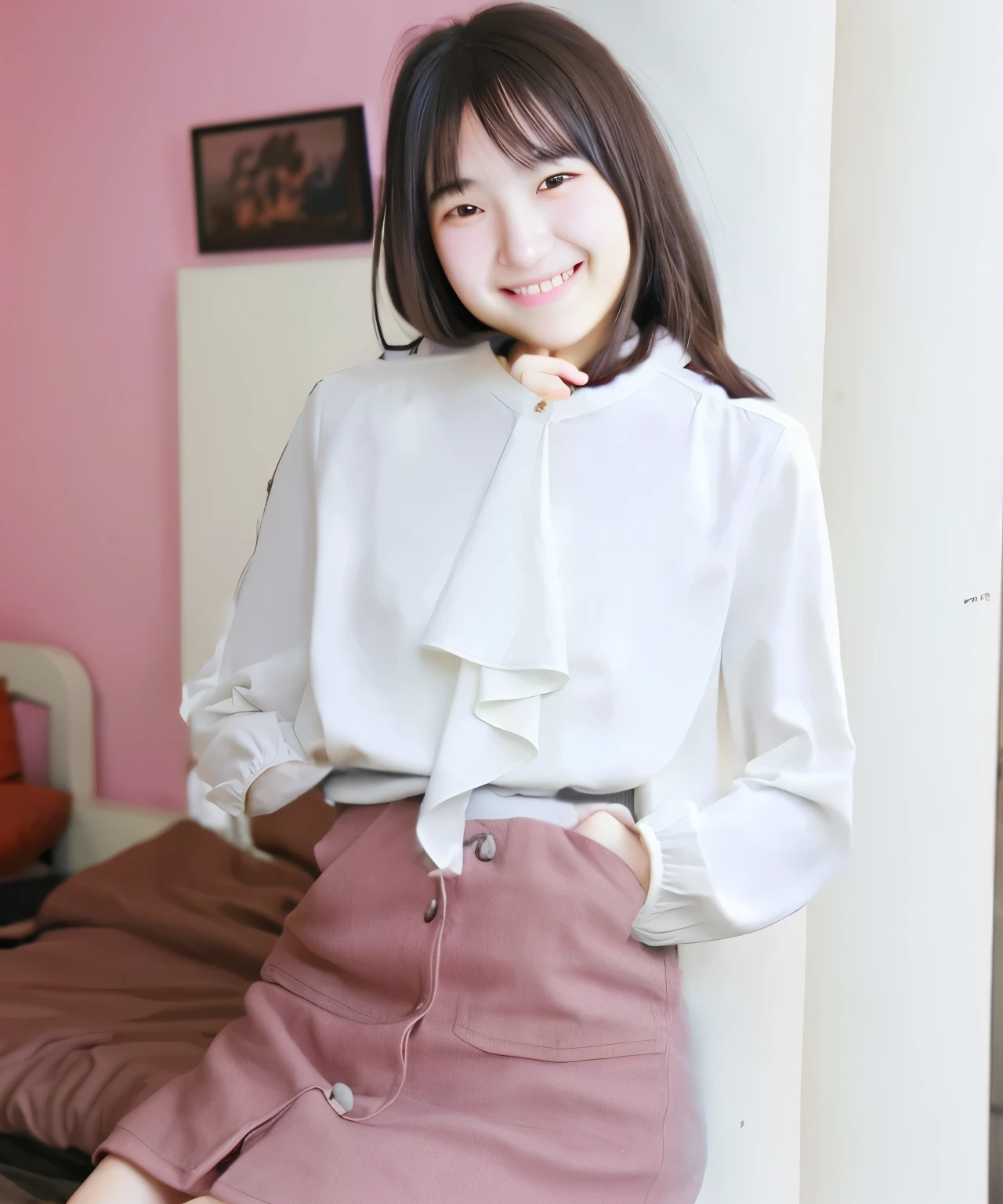 high resolution、high quality、(Of Japanese20old cute girl)、smile、black long scarf、bedroom with light pink walls、one hand in the pocket of the skirt、Holding a smartphone in one hand、