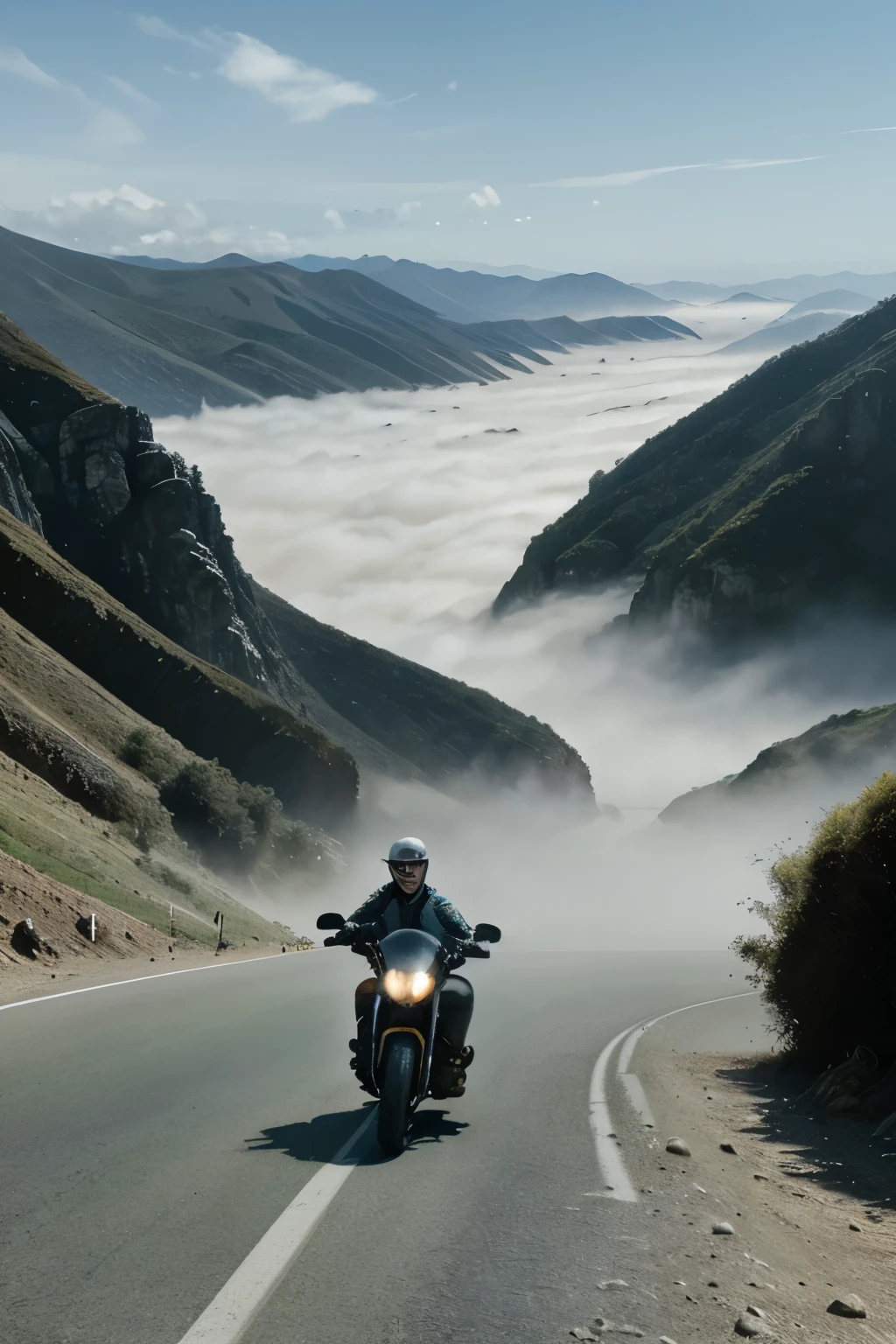Driving a motorcycle on the mountains, views of the sea of mist and rivers