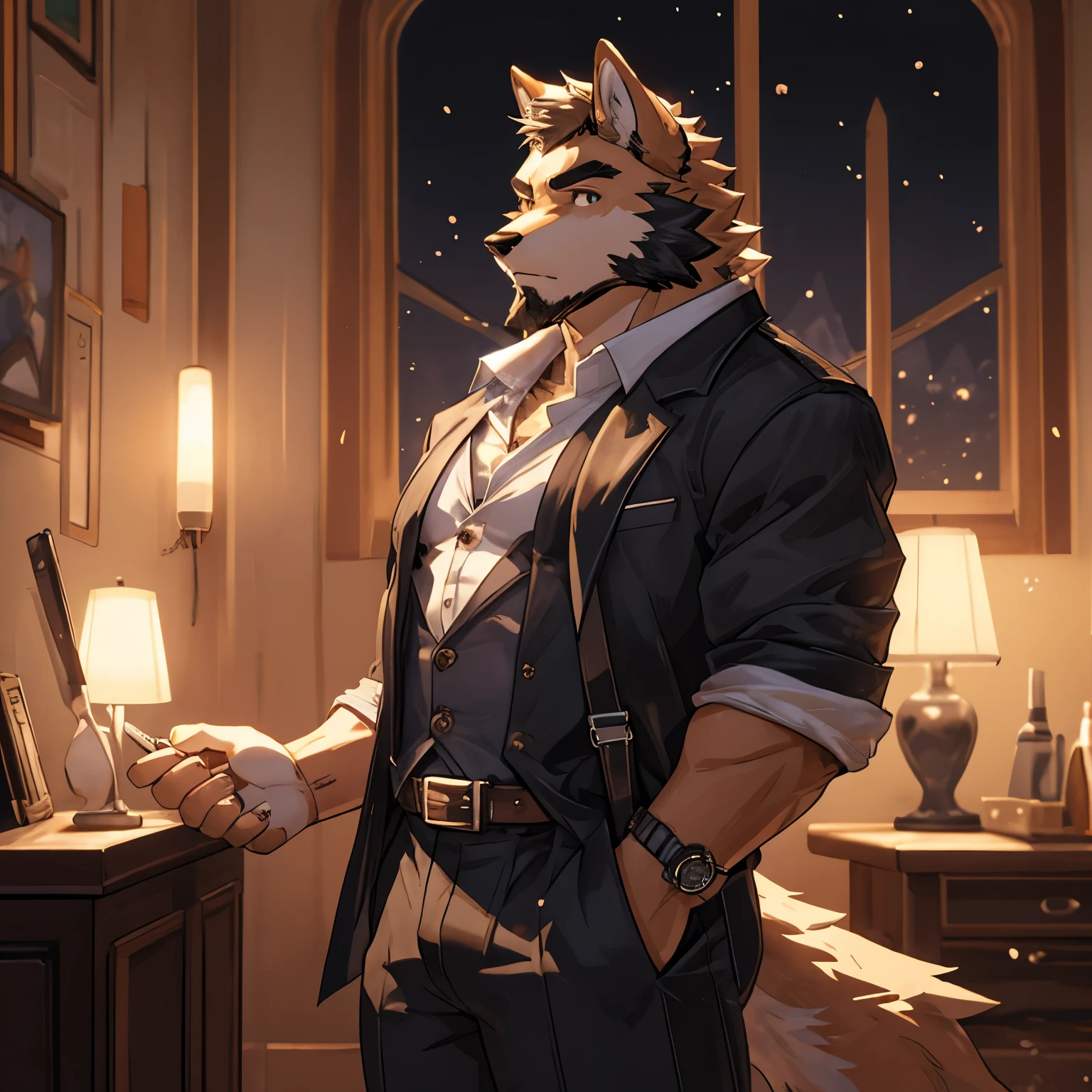 william adler, solo, no clothes ,1boy, male focus, looking to the side, suspenders, pectorals, big cock, wristwatch, wolf ears, beard, yellow eyes, detailed eyes, jerking