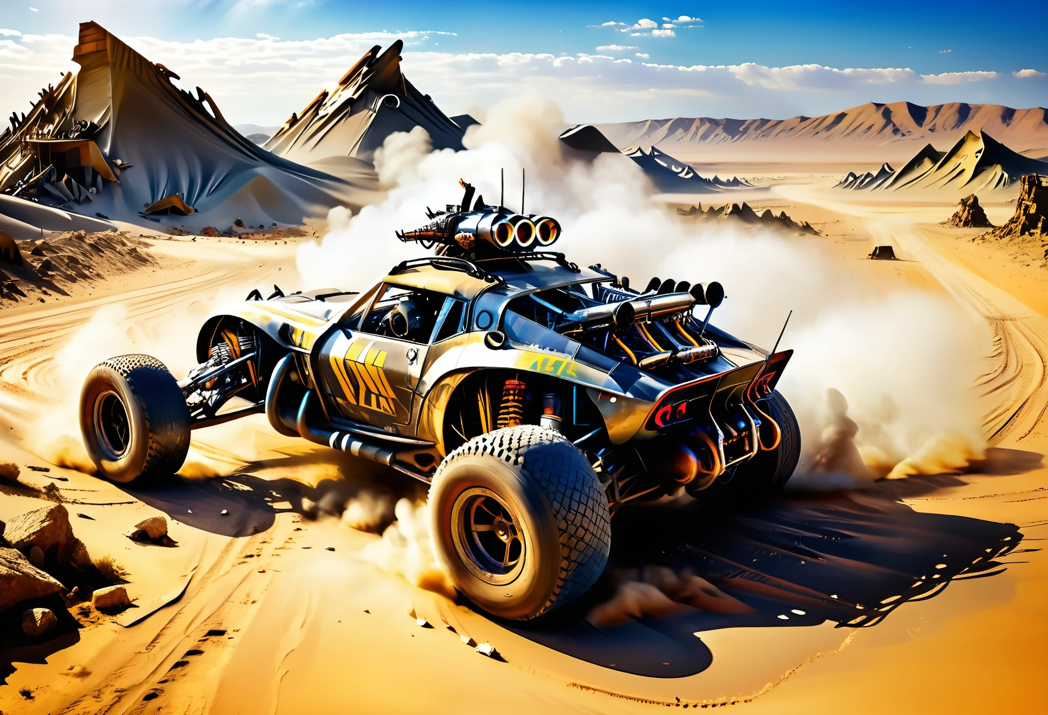 ((Racing Car:1.5, drone camera view:1.5, wide general shot:1.5)), ((3 cars running mad max style races, in the desert, among rubble, punk people watching the race on the sides of the road :1.5)) of the explosions illuminate the cars, 32k.