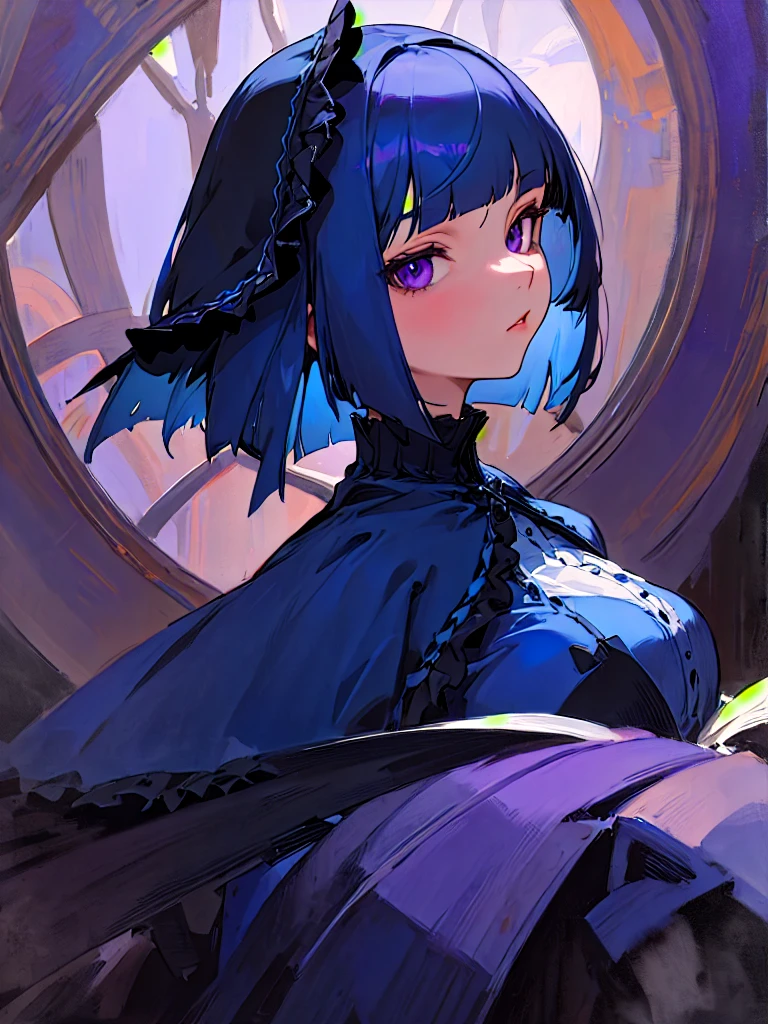 purple eyes,big tits,girl,blue hair,blue clothes,gothic ta,bob cut,high-quality,full-length portrait or painting
