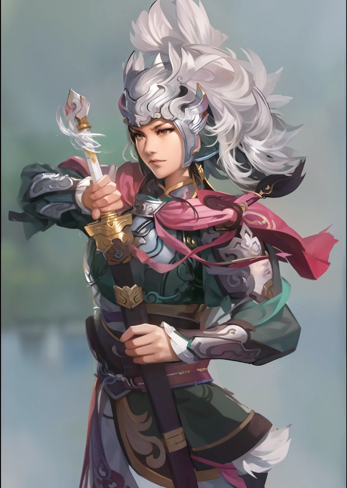 woman holding sword and armor, by Qu Leilei, Inspired by Zhu Lian, zhao yun, inspired by trees, Inspired by Shen Zhou, Inspired by Du Qiong, g liulian art style, Inspired by Fan Kuan, Inspired by Li Tang, Inspired by Li Rongjin, Inspired by Sheng Maoye