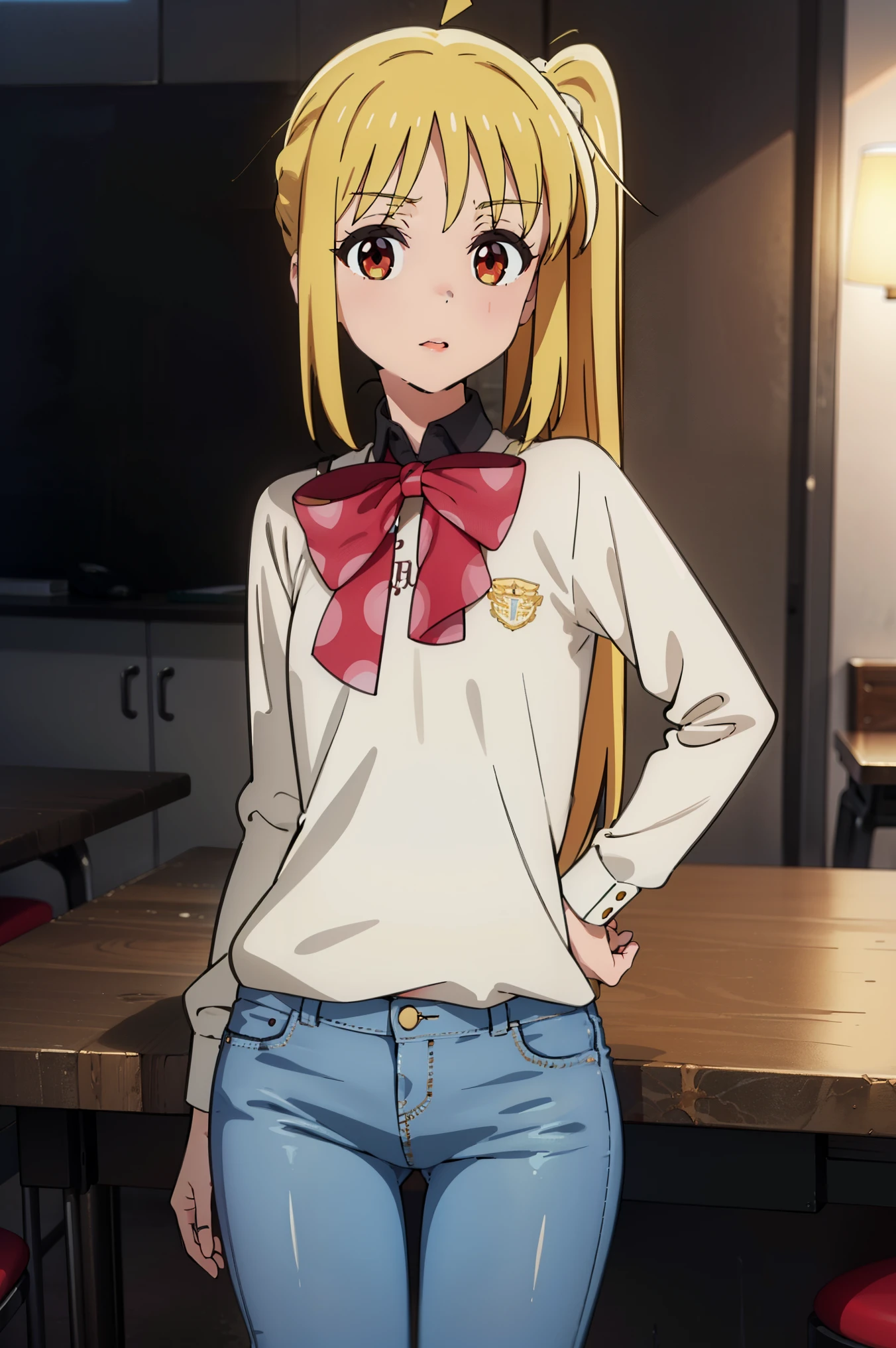 score_7_up, source_anime,1girl, Eft_Bocchi_Yellow, ijichi nijika, 1girl, solo, blonde hair, side ponytail,long hair, ahoge, shirt, bow, red eyes,
BREAK (very tight white long-sleeved shirt,Skinny Jeans:1.2)
BREAK perfect sexy female body, Point-of-view shot, (sexy and seductive pose:1.2),
BREAK Class Room
BREAK (masterpiece:1.2), best quality, high resolution, unity 8k wallpaper,NSFW ,(illustration:0.8), (beautiful detailed eyes:1.6), extremely detailed face, perfect lighting, extremely detailed CG, (perfect hands, perfect anatomy),