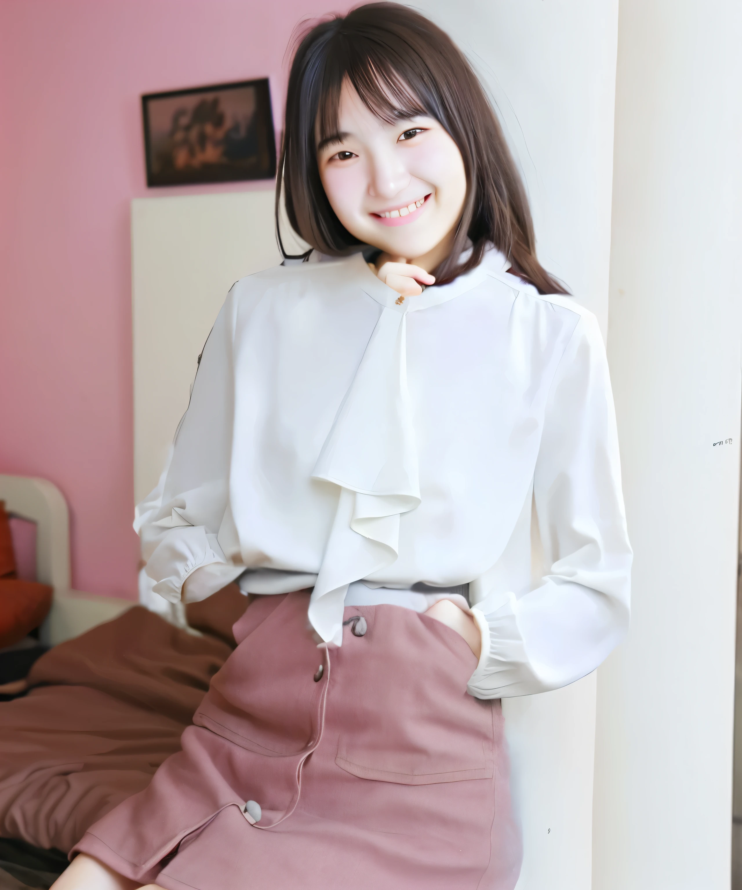 High resolution、high quality、(Of Japanese20cute old girl)、smile、black long scarf、bedroom with pale pink walls、One hand in your skirt pocket、holds a smart phone in one hand、