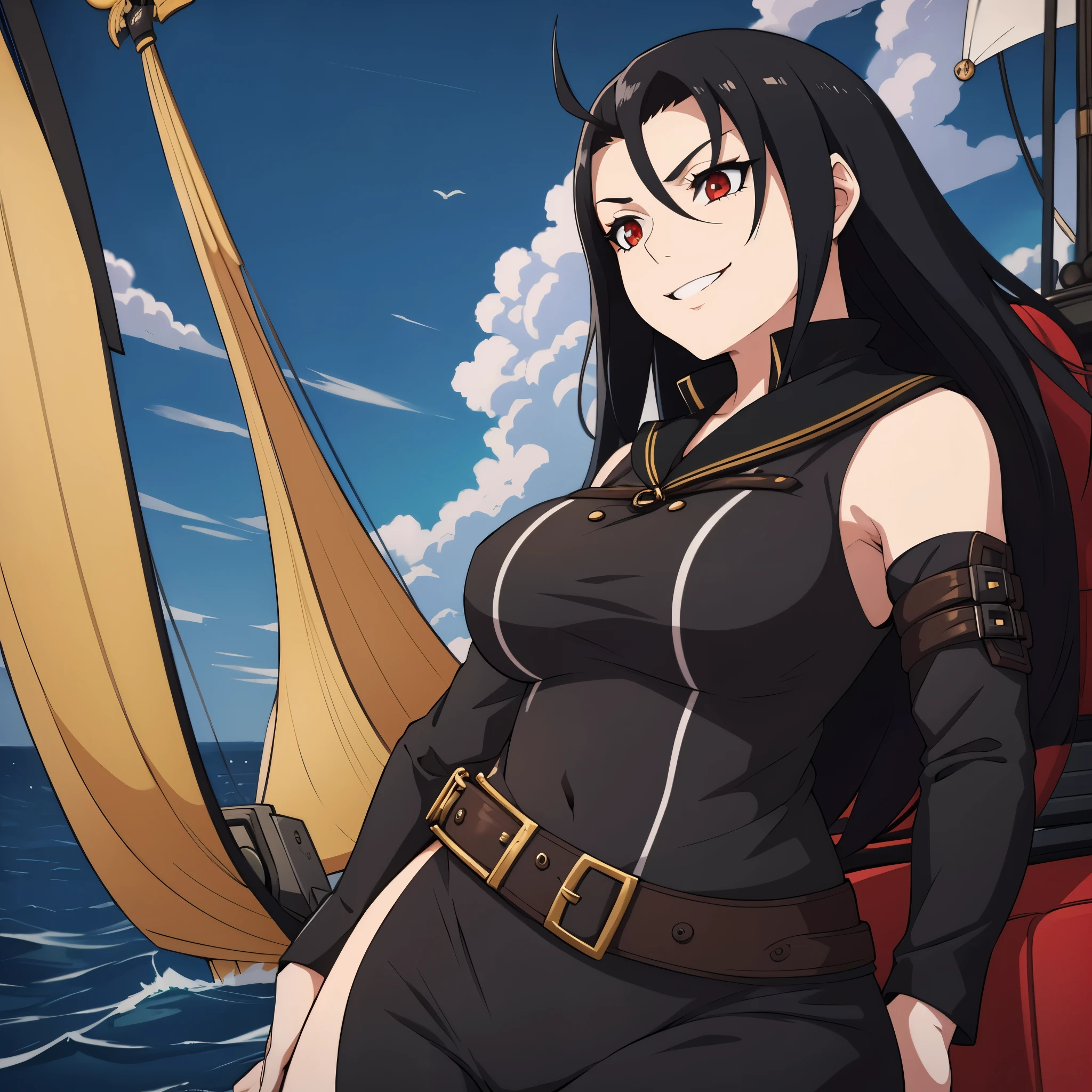 A woman wearing a black pirate commander's uniform, big breasts, sadistic smile, red eyes, black hair, on a sailing ship at sea.