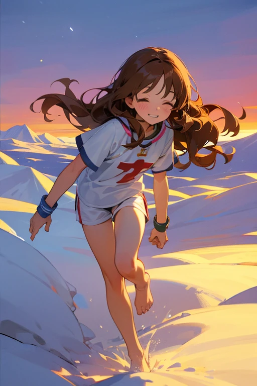 a cute 6 year old christian church girl named Zachary, light brown hair, skinny, long wavy hair, in the arctic, wintertime, playing in the snow, short sleeved white sport jersey tshirt, short pink shorts, cross necklace, playing in the snow, sunset, slight smile, wristbands, barefoot , winking, hand details, feet details, at the summit of a mountain