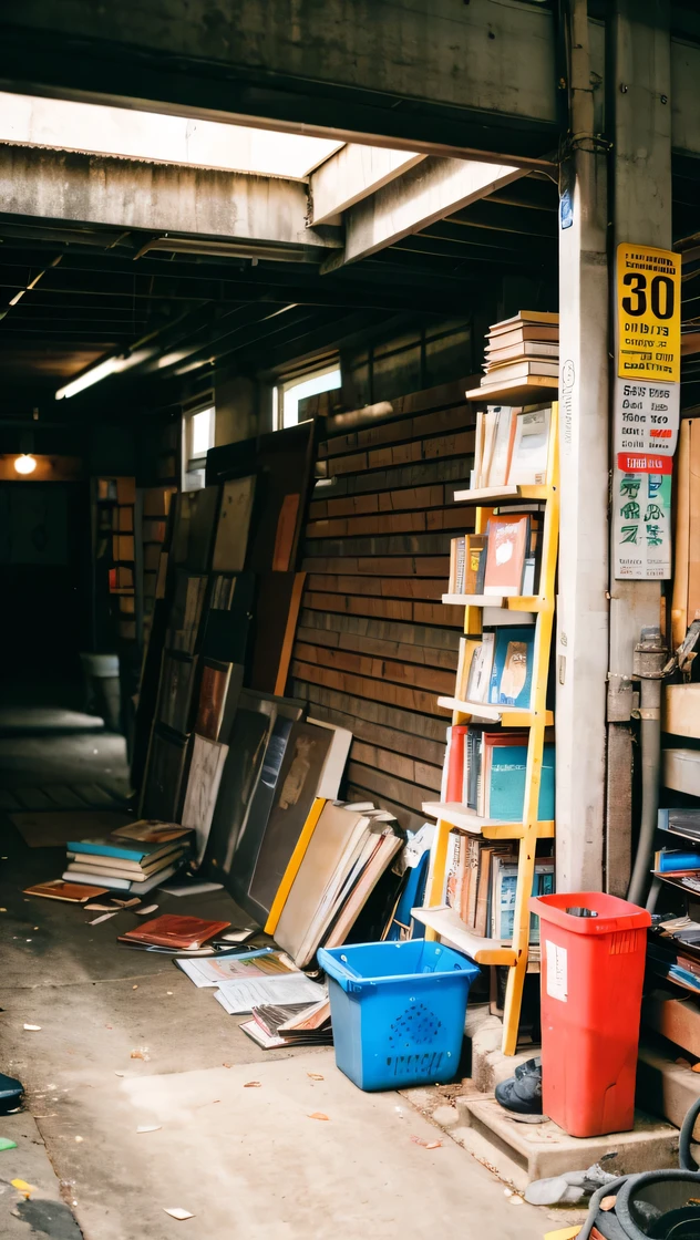 There are piles of books in the garage..