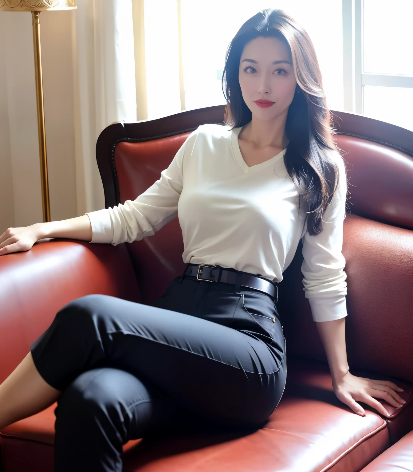 Draw lips correctly, red lipstick, from chest up, best quality, Super detailed, lifelike, Super fine skin, perfect anatomy, (1 日本Mature的女人), (alone),Wear a white crew neck shirt,Gray jeans,trousers,black belt,wavy long hair,37-year-old female,Mature,charming smile,indoor background:Luxurious large sofa、flower,stand up,Leg length,Chubby body,Big breasts,stand,full-body shot