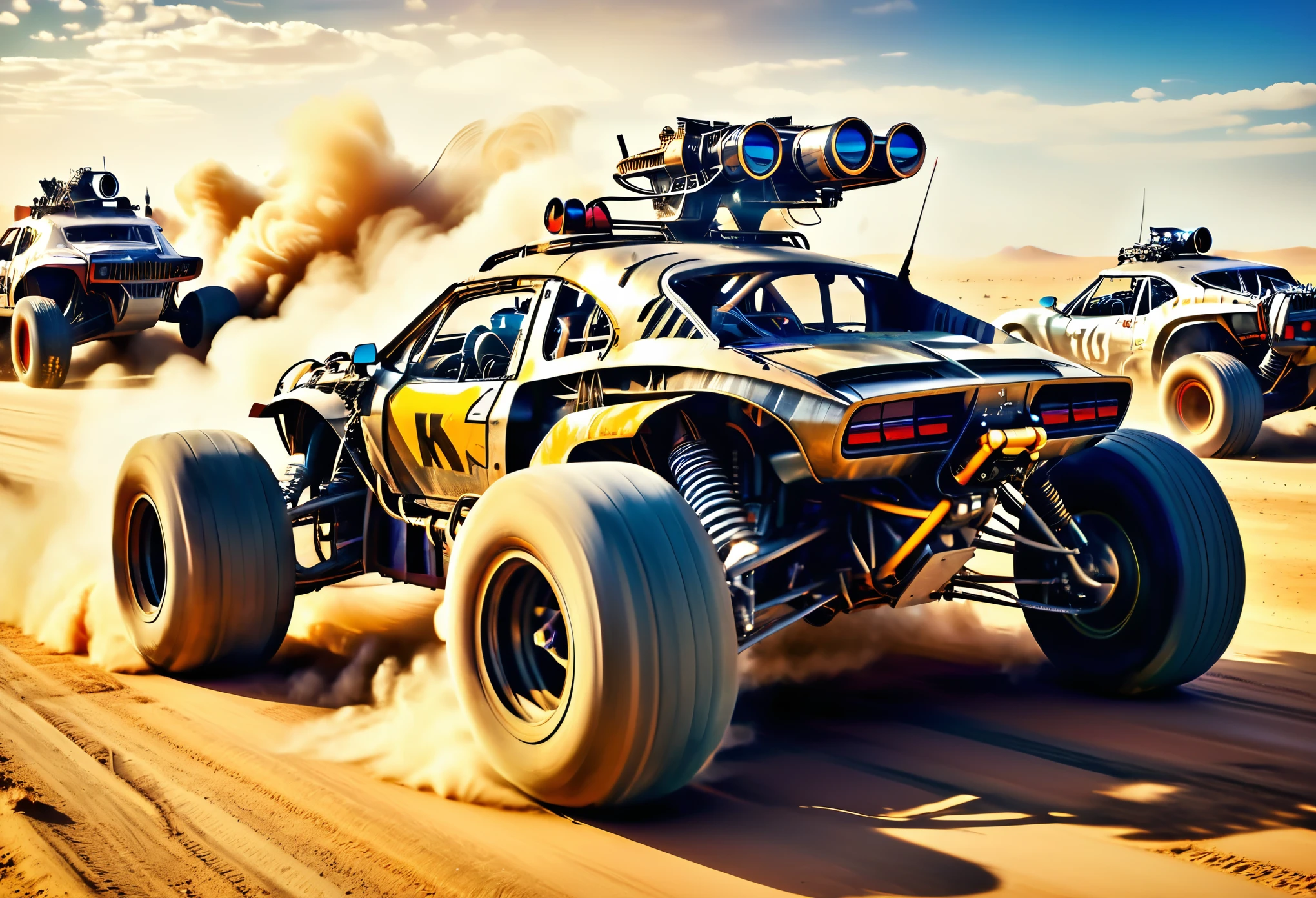 ((Racing Car:1.5, drone camera view:1.5, wide general shot:1.5)), ((3 cars running mad max style races, in the desert, among rubble, punk people watching the race on the sides of the road :1.5)) of the explosions illuminate the cars, 32k.