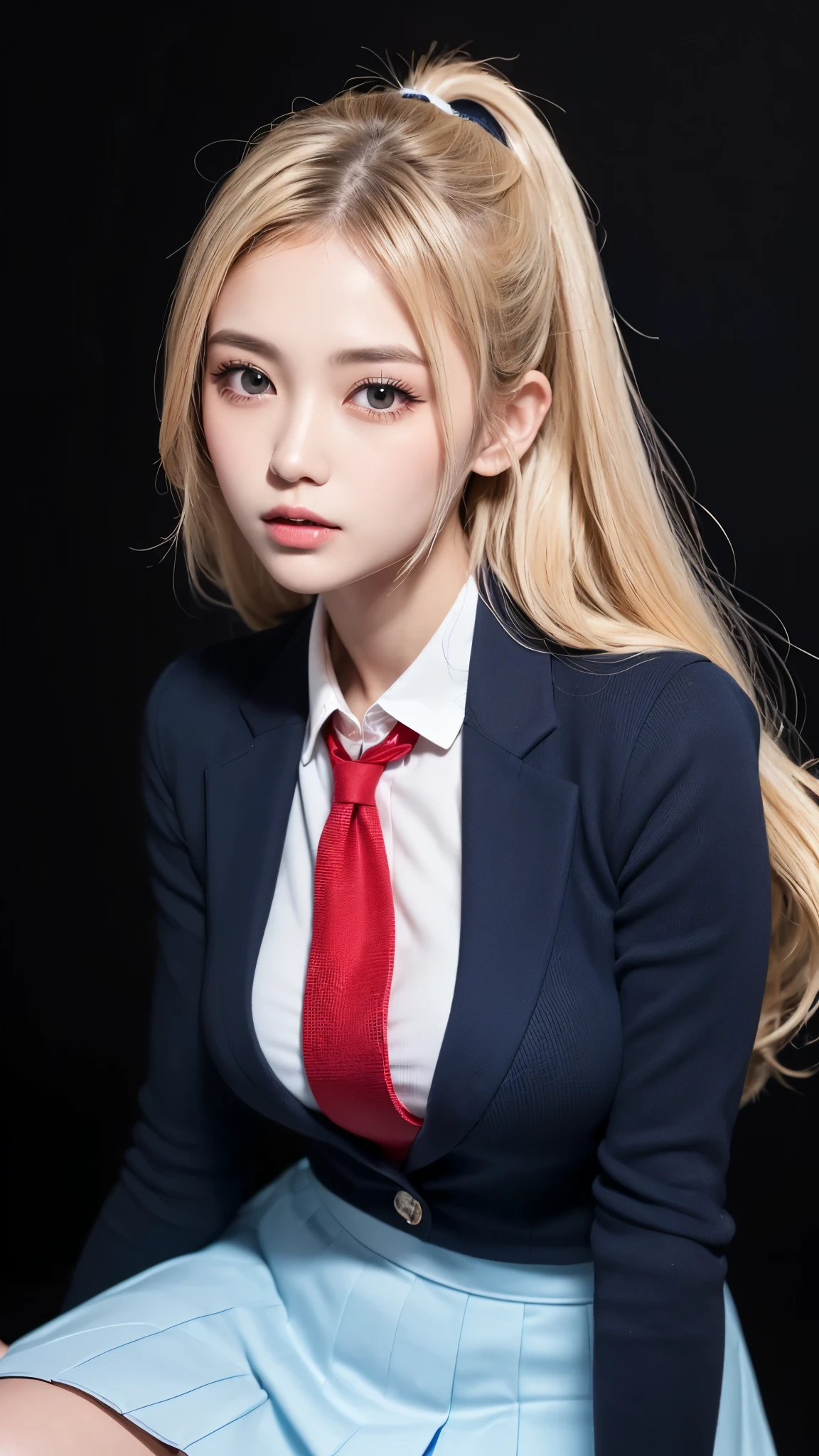 ((((black background、blonde、high school girl、blue uniform、white blouse、red tie、long sleeve、blazer、mini skirt、black background、city、Harajuku、black clothes、face forward、Nordic、long hair)))))))、blonde、(((腰までの長いblonde)))、masutepiece, Best Quality, Photorealsitic, finely detail, hight resolution, 8K Wallpapers, Perfect dynamic composition, Beautiful detailed eyes, Medium Hair, large full breasts、Resort scenery、24 year old、(Drooping eyes 1.4)、Adult beauty、japanes