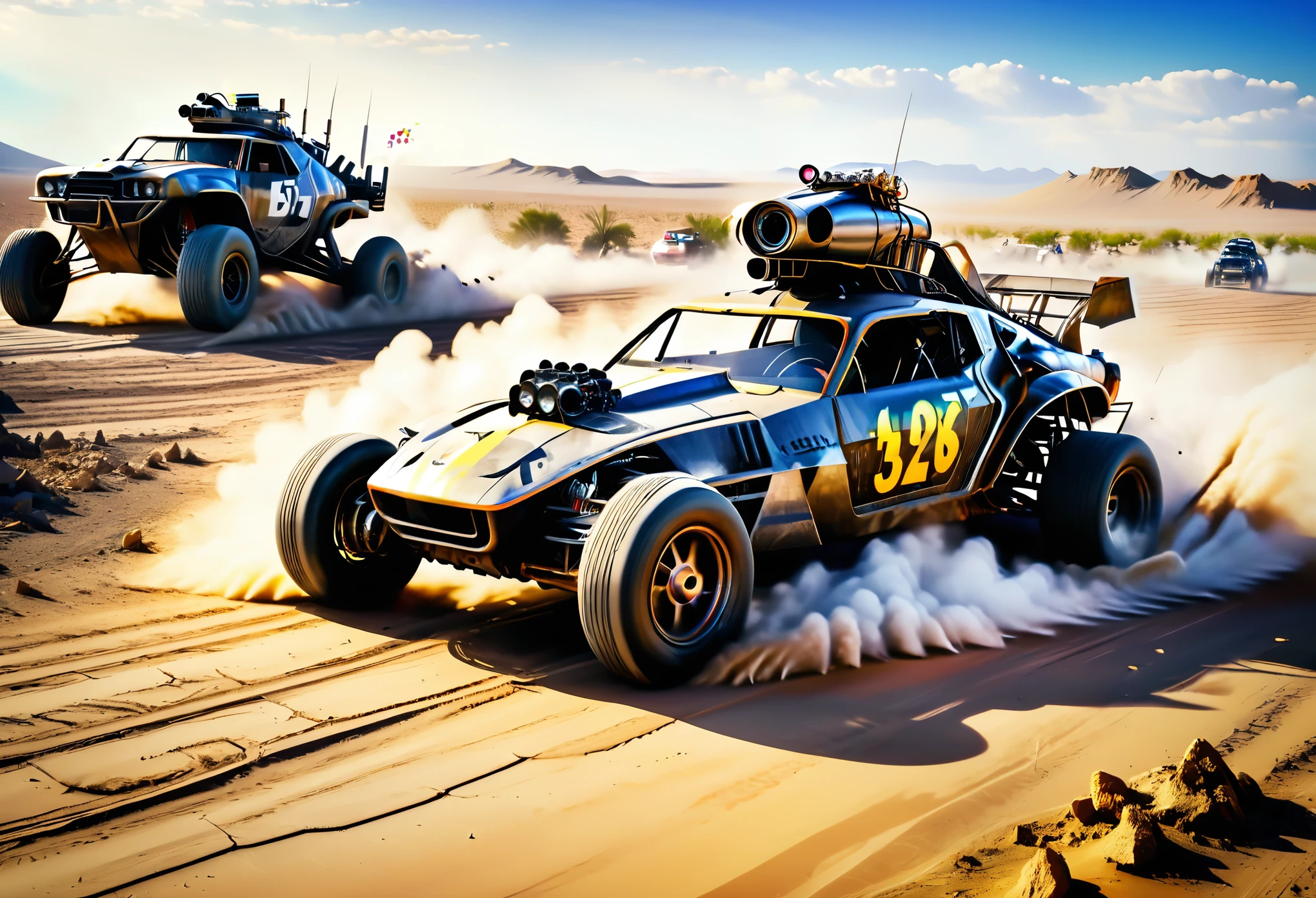 ((Racing Car:1.5, drone camera view:1.5, wide general shot:1.5)), ((3 cars running mad max style races, in the desert, among rubble, punk people watching the race on the sides of the road :1.5)) of the explosions illuminate the cars, 32k.