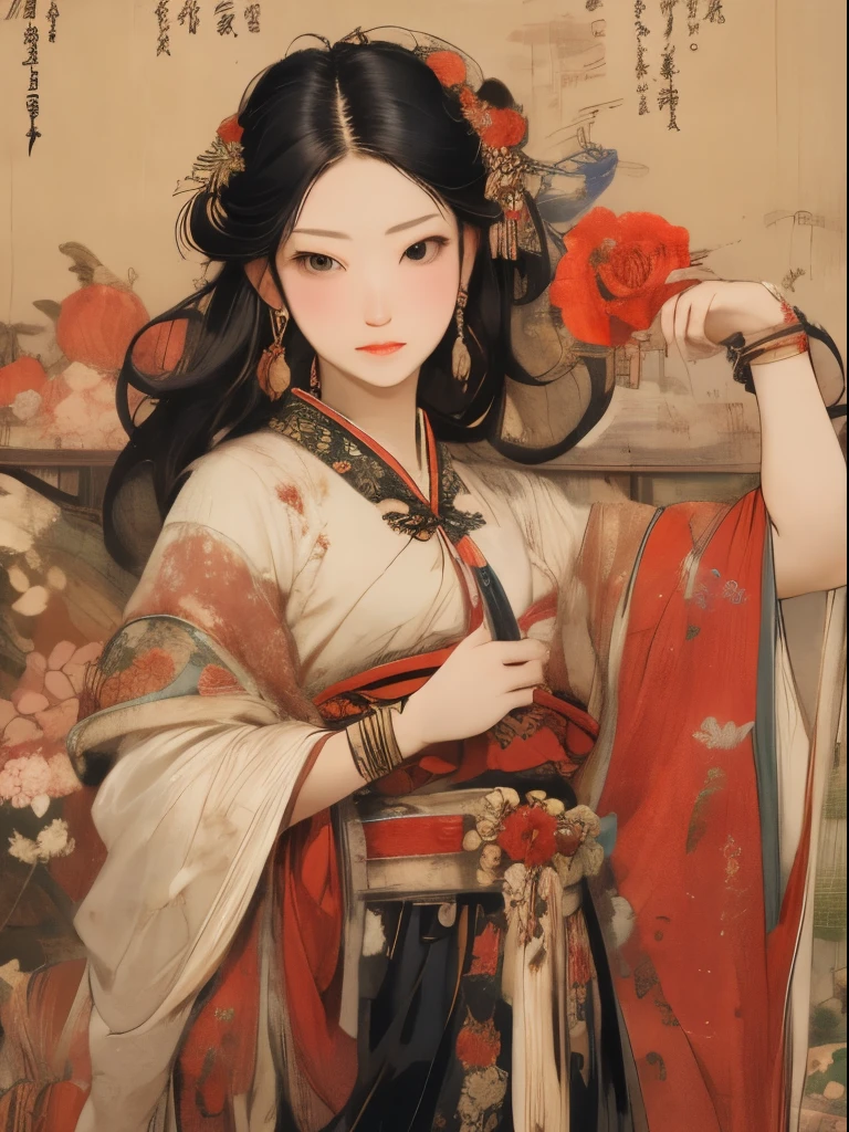 masterpiece, 1 girl, nail_polishing, jewelry, necklace, Black_hair, closure_Eye, alone, skirt,Black_hair, Art, Chinese, flowers