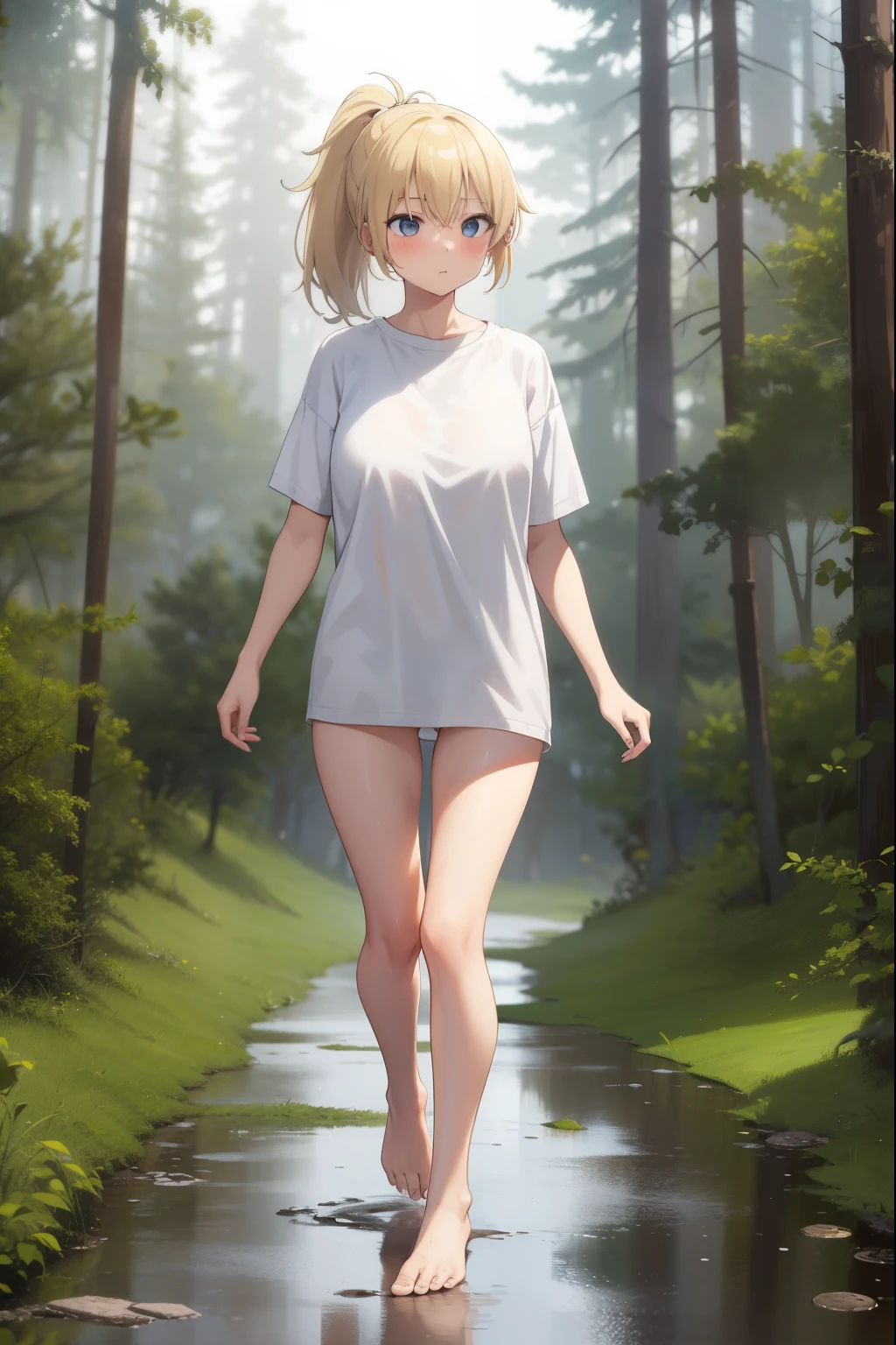 full body figure,1 girl,blonde,ponytail,Long white T-shirt,not wearing pants,barefoot,blush,Run,forest,puddle,fog,