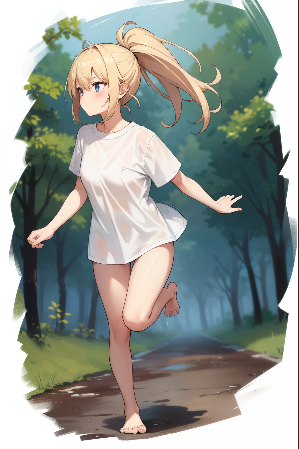 full body figure,1 girl,blonde,ponytail,Long white T-shirt,not wearing pants,barefoot,blush,Run,forest,puddle,fog,