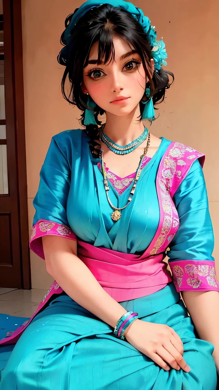 a woman in a blue and pink sari sitting on a floor, beautiful detail and color, very beautiful enga style, blue colored traditional wear, intricate details. front on, sari, turquoise, beautiful design, turquoise pink and green, indian style, wearing intricate, details galore, traditional beauty, with beautiful colors, stunning details, vibrant feel, turquoise and venetian red