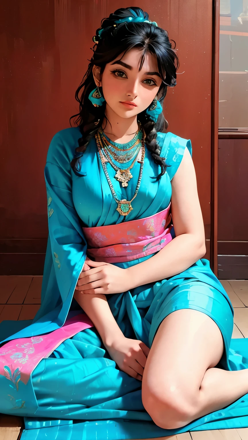 a woman in a blue and pink sari sitting on a floor, beautiful detail and color, very beautiful enga style, blue colored traditional wear, intricate details. front on, sari, turquoise, beautiful design, turquoise pink and green, indian style, wearing intricate, details galore, traditional beauty, with beautiful colors, stunning details, vibrant feel, turquoise and venetian red