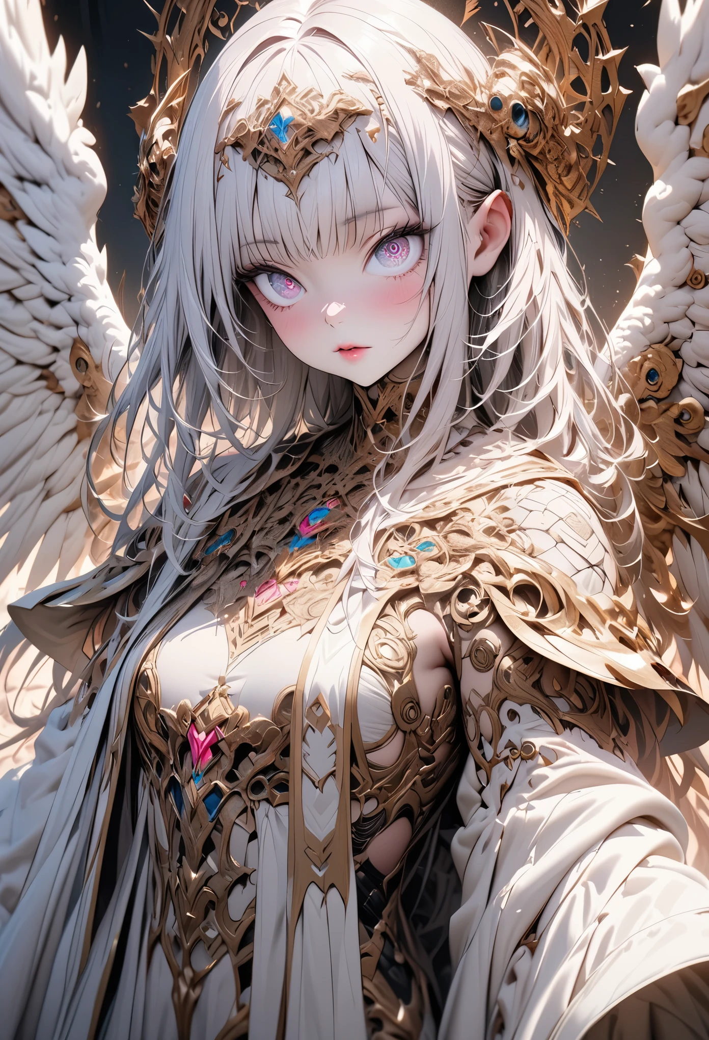 ((original photo)), ((masterpiece)), Anthropomorphic humanoid angel girl wearing white noble robe, intricate details, football, Intricate Gribbles Works, The sky behind, Pink, beautiful wings, Detailed eyes and lips
