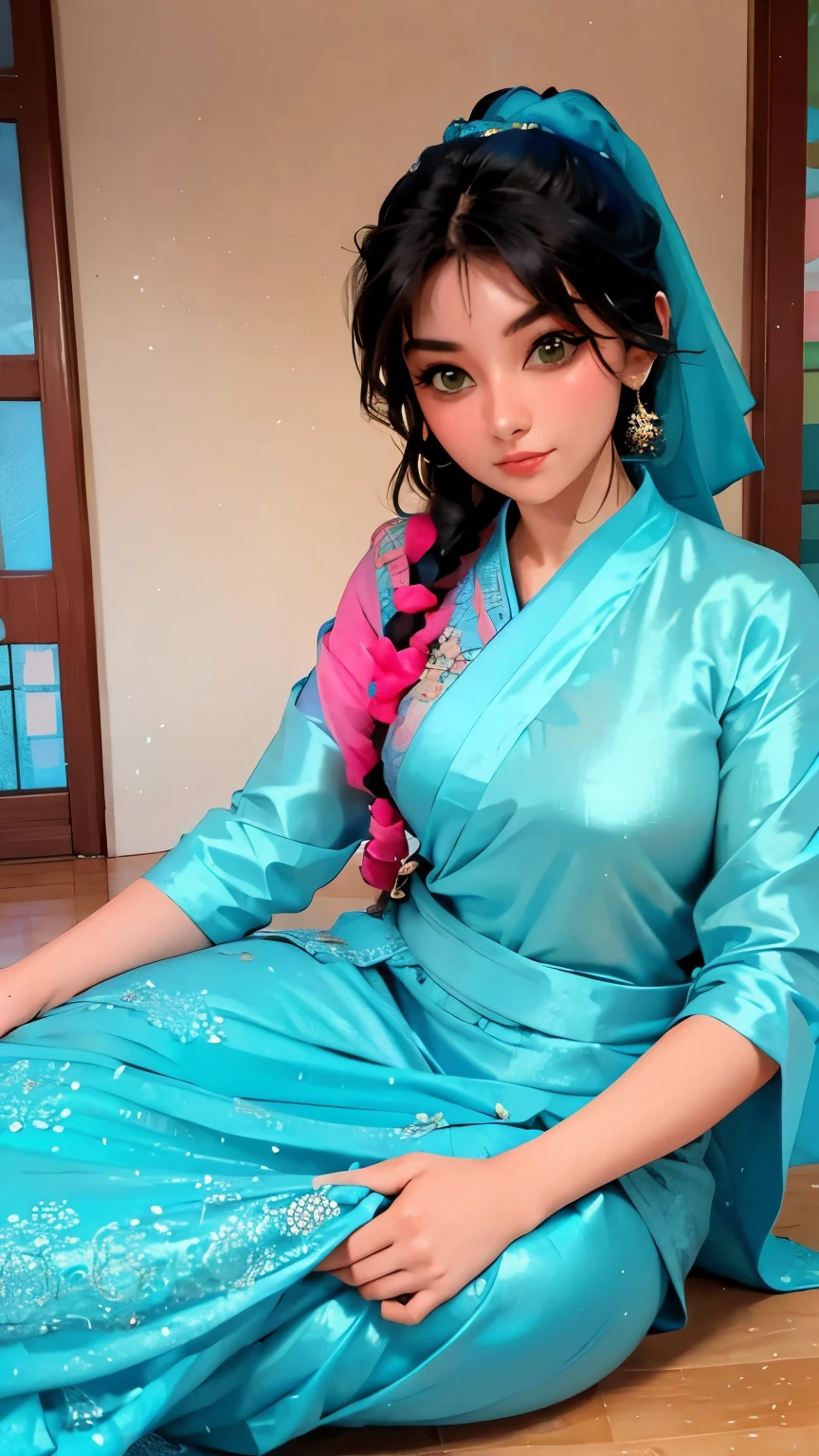 a woman in a blue and pink sari sitting on a floor, beautiful detail and color, very beautiful enga style, blue colored traditional wear, intricate details. front on, sari, turquoise, beautiful design, turquoise pink and green, indian style, wearing intricate, details galore, traditional beauty, with beautiful colors, stunning details, vibrant feel, turquoise and venetian red