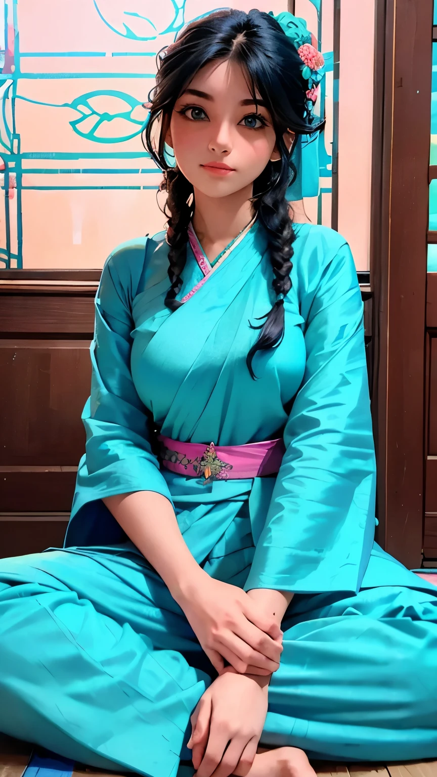 a woman in a blue and pink sari sitting on a floor, beautiful detail and color, very beautiful enga style, blue colored traditional wear, intricate details. front on, sari, turquoise, beautiful design, turquoise pink and green, indian style, wearing intricate, details galore, traditional beauty, with beautiful colors, stunning details, vibrant feel, turquoise and venetian red