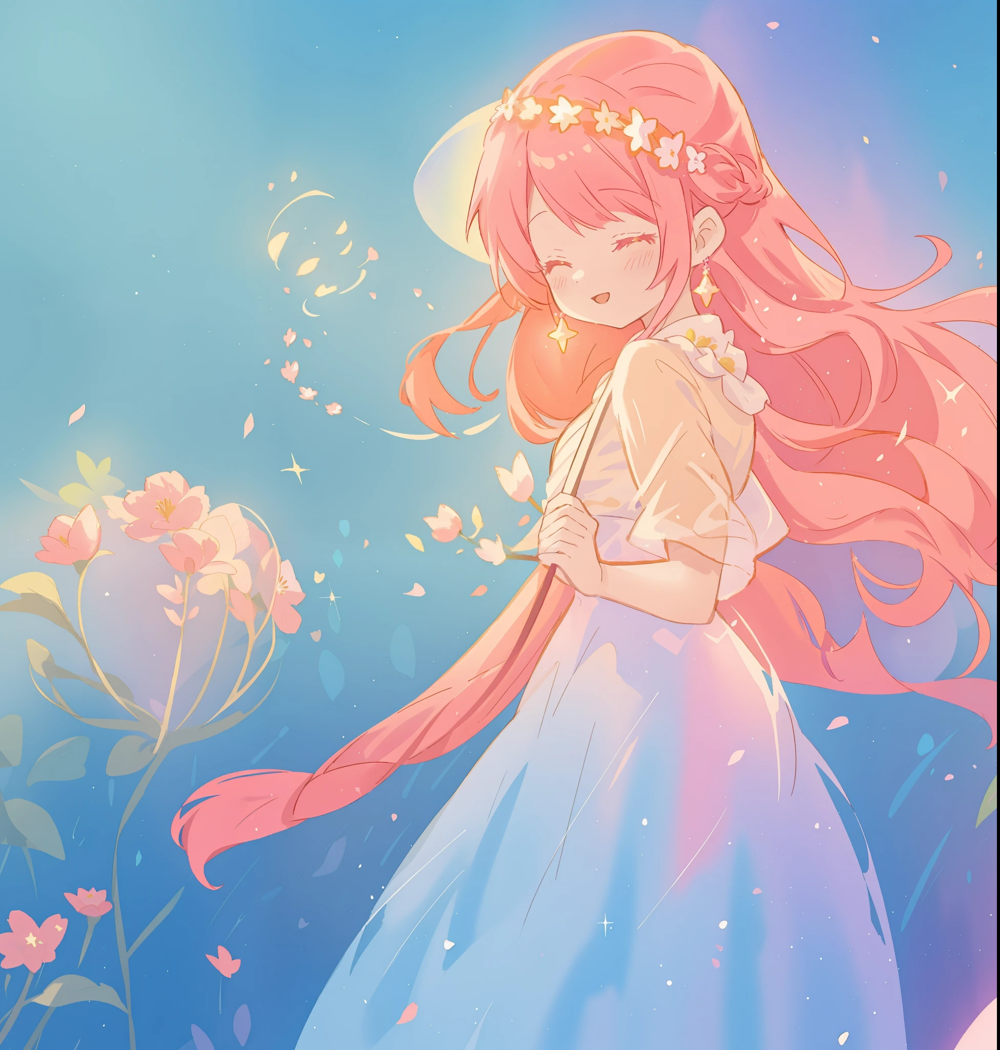 beautiful girl in sparkling flowing dress, long flowing pink hair, colorful fantasia background, watercolor illustration, disney art style, glowing aura around her, glowing lights, beautiful digital illustration, fantasia otherworldly landscape plants flowers, beautiful, masterpiece, best quality, anime disney style