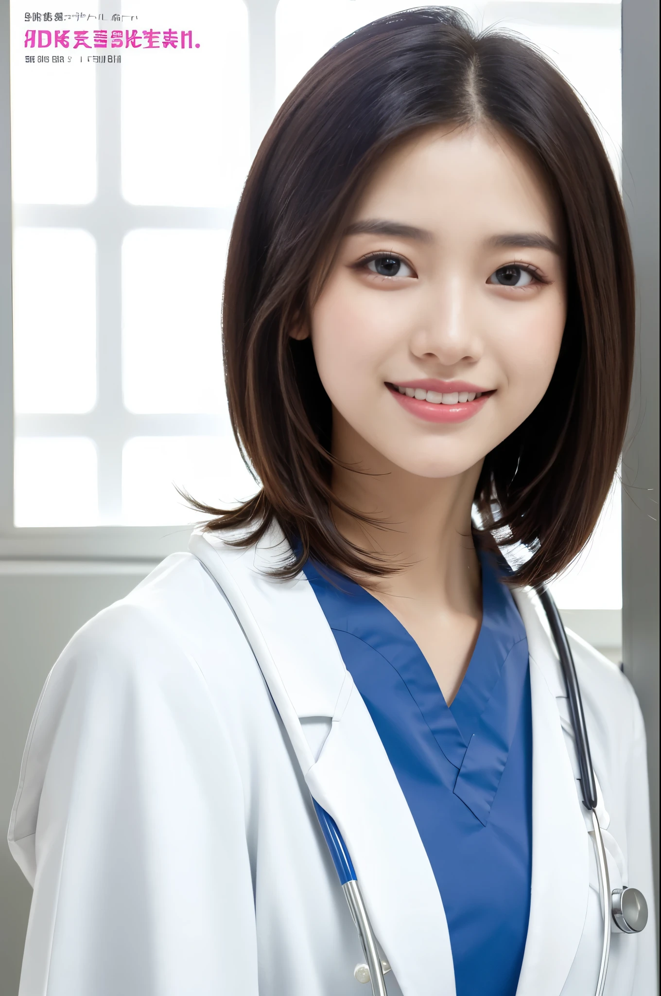 Masterpiece, Best quality,a beautiful female doctor,smile,(shoulder length straight bob hair:1.2),(doctor's white coat:1.3),hospital scene,medical Magazine Cover ,Upper body,slim,colorful fonts
